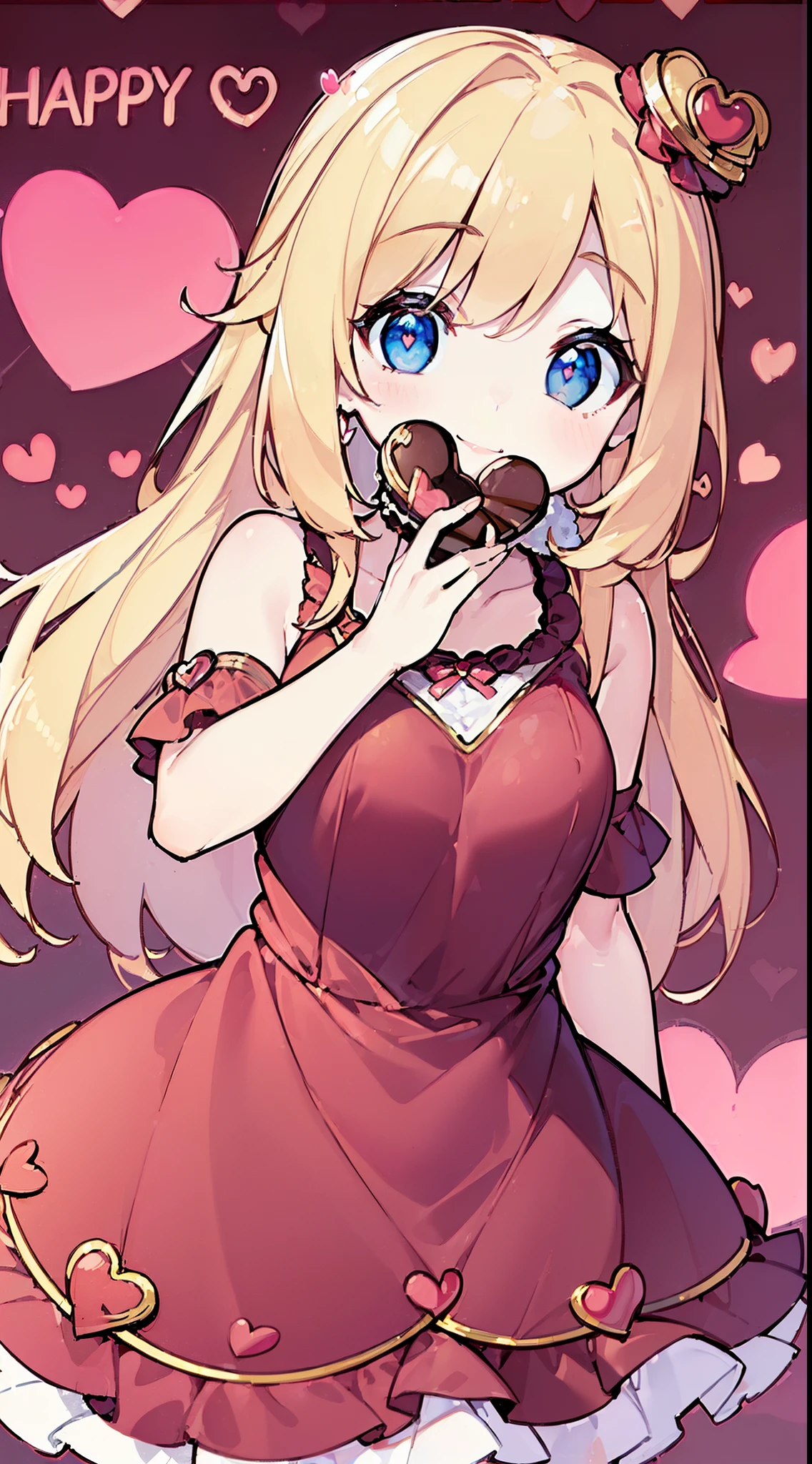 (((32k))), (16k), (8k), (4k), (((32k heart background))), (((Pretty girl))), (((cute girl))), (beautiful quality eyes), (cute smile), (((dress))), (valentine), ((holding heart chocolate)), 