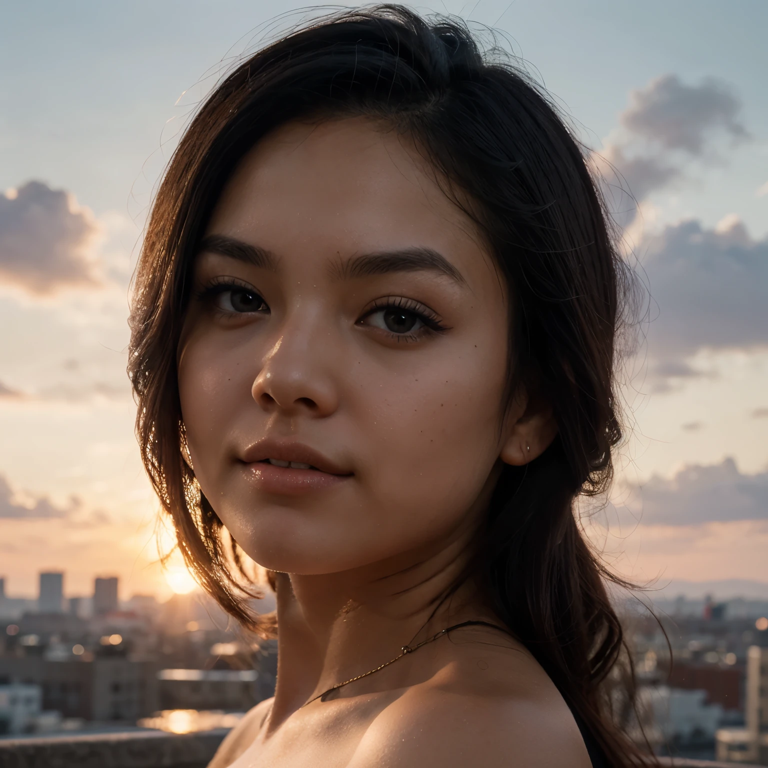 photo of black hair female, natural skin, realistic skin, beautiful refined oily skin, real skin texture, sharp face lines, skinny face, beautiful slim face, black long hair, beautiful dimples cheeks, slim beautiful japanese face, beautiful face, beautiful nose, masterpiece, high resolution, 21 years old, busty female, american mixed japanese ethnic female, best quality, photorealistic:1.2, captured in silhouette against a breathtaking sunset, in a backless evening gown, a sensual, longing gaze over the shoulder, the skyline painting a dramatic backdrop, extreme medium distance shot, dutch angle