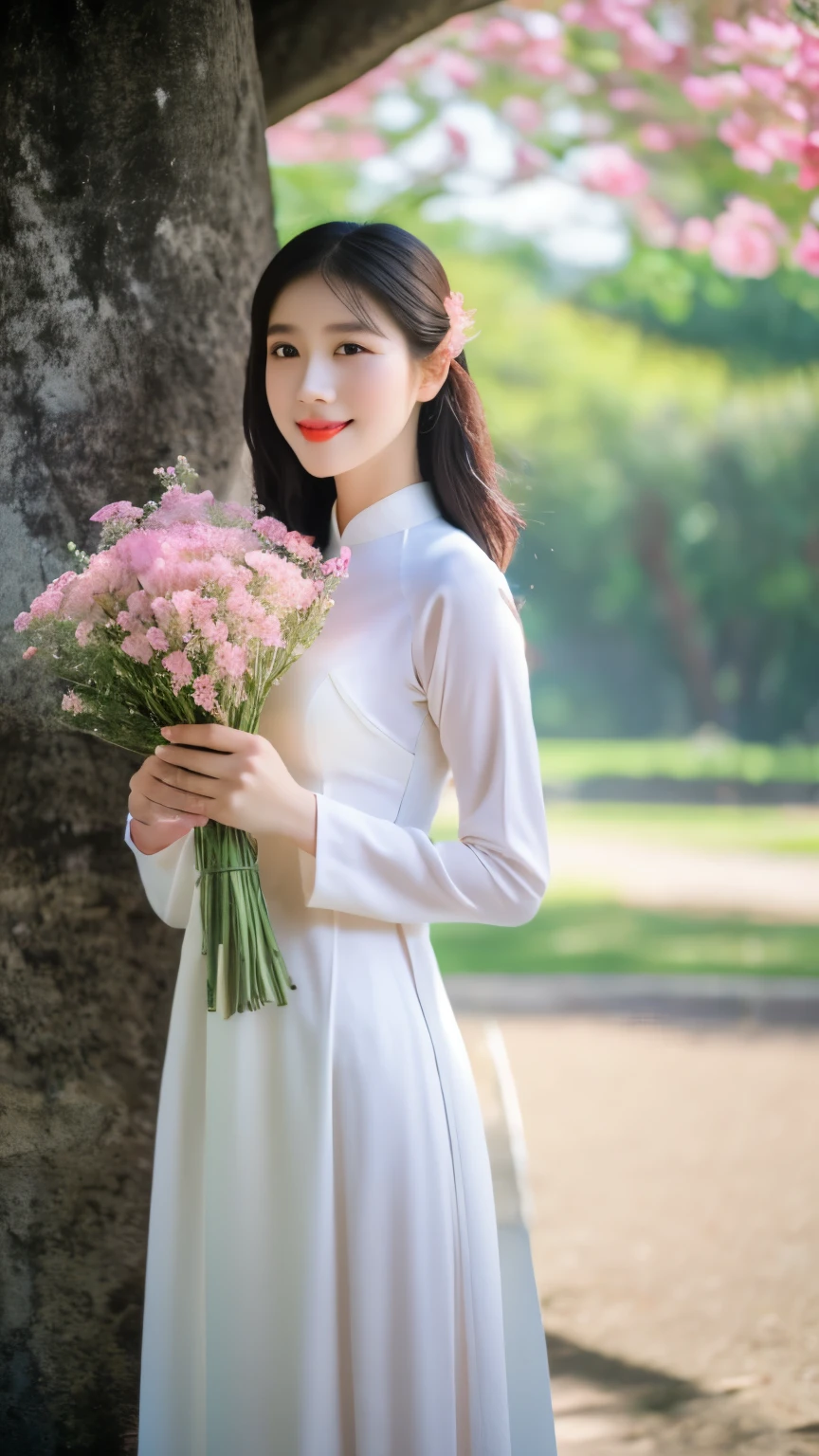 aodai, smile, photographed on a Nikon Z7 II Mirrorless Camera,120mm F/4 wide-angle
a woman in a pink dress  with flowers in it and a (basket of flowers), Ding Yunpeng, phuoc quan, a stock photo, art photography
a woman in a white dress holding a bouquet of flowers, Byeon Sang-byeok, portrait photography, a stock photo, art photography
1girl, aodai, photo art, (flowers:1.2), tree, a stunning photo with beautiful saturation, ultra high res,(realistic:1.4)),deep shadow,(best quality, masterpiece), pale skin, dimly lit, shade, flustered, blush, highly detailed, skinny, BREAK depth of field, film grain, wrinkled skin, looking at viewer, knee, warm smile, beautiful hands, beautiful fingers