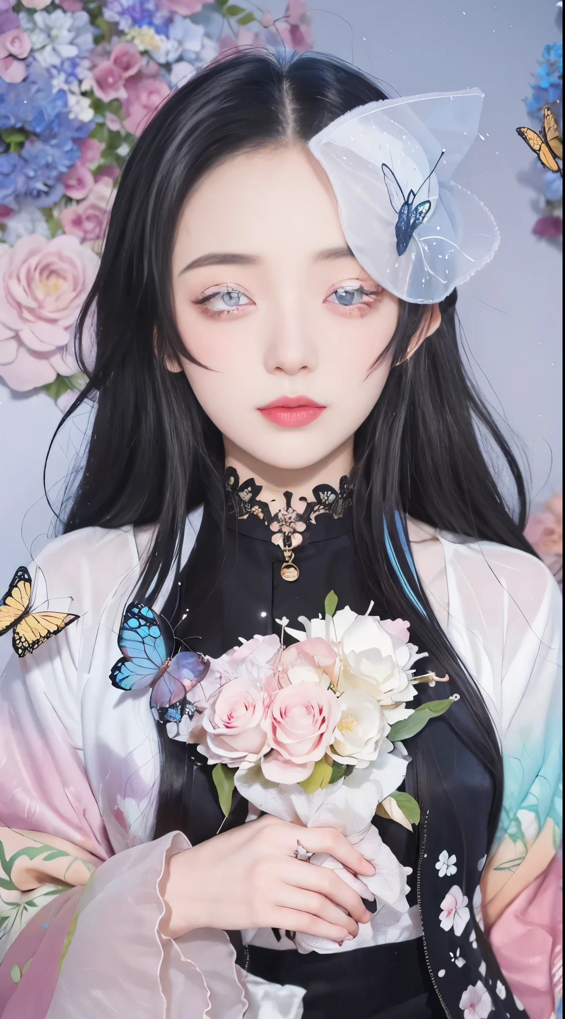 anime girl with flowers in her hands and a butterfly in her hand, guweiz, artwork in the style of guweiz, ethereal anime, dreamy psychedelic anime, hanayamata, soft anime illustration, anime visual of a young woman, anime visual of a cute girl, beautiful anime artwork, digital anime illustration, anime illustration, guweiz masterpiece，black long straight hair，butterfly hair section，long black hair，butterfly hair ornaments，long black hair，long black hair，butterfly hair ornaments，black long straight hair，black long straight hair，butterfly hair ornaments，