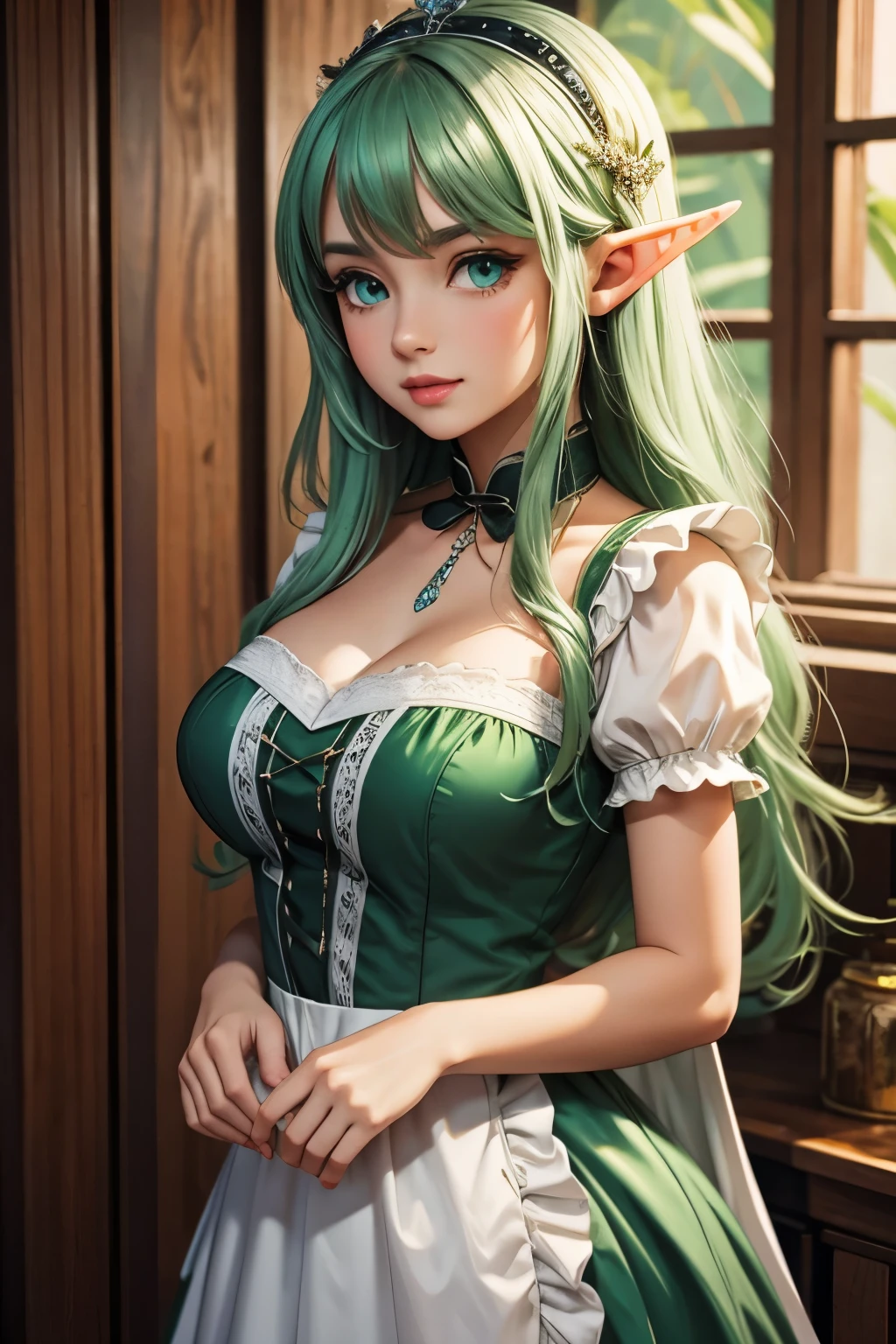 Beautiful big breastokeh), indoors, detailed luxury living room, gentle and charming beautiful goddess, Korean(kpop-idol), solo, necklace, oval face, double eyelids, smart, good hands, good feet, Natural, (from below angle), (glossy skin:1.05), ((low angle)), Perfect figure, (k, UHD, RAW photo, best quality, masterpiece:1.4), (realistic, photo-realistic:1.37), ultra high res, photon mapping, radiosity, physically-based rendering, professional soft lighting, blue eyes, sexy smile, elf milf