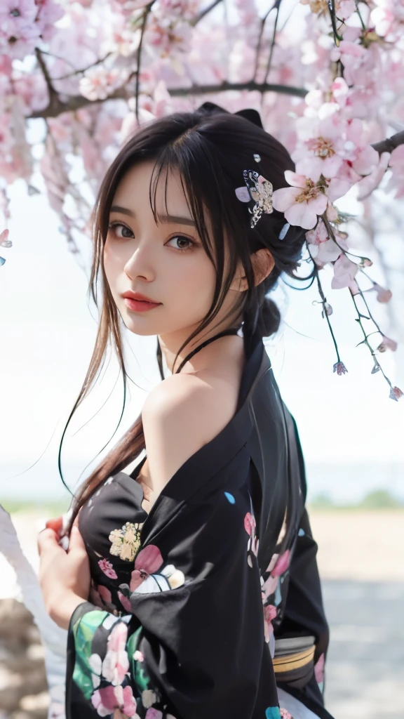 anime girl in a kimono dress under a tree with flowers, anime girl with long hair, beautiful anime woman, beautiful anime girl, anime visual of a cute girl, shuushuu anime image, beautiful anime portrait, nezuko-chan, haibane renmei, beautiful anime, beautiful anime style, nezuko, young anime girl, pretty anime girl,black long straight hair,butterfly hair section,long black hair,butterfly hair ornaments,long black hair,long black hair,butterfly hair ornaments,black long straight hair,black long straight hair,butterfly hair ornaments