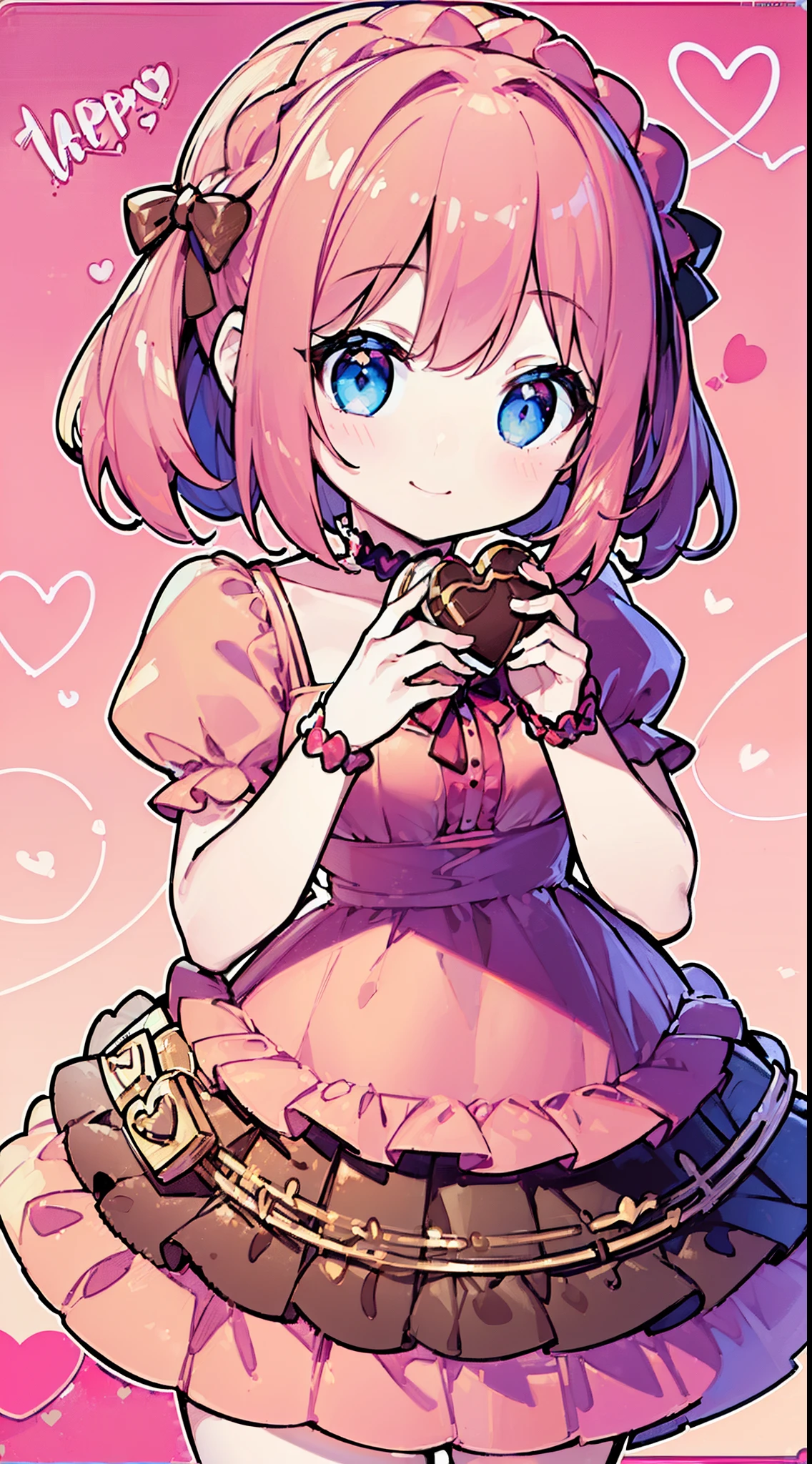 (((32k))), (16k), (8k), (4k), (((32k heart background))), (((Pretty girl))), (((cute girl))), (beautiful quality eyes), (cute smile), (((dress))), (valentine), ((holding heart chocolate)), 