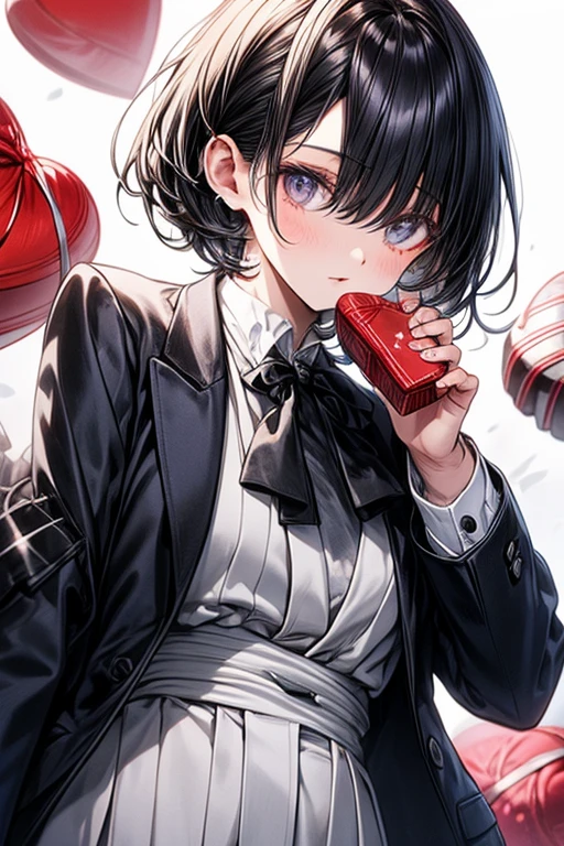 Japanese、black hair、shortcut、OL 、suit、The jacket is white、masterpiece、highest level、eye highlights、Valentine's Day Chocolate