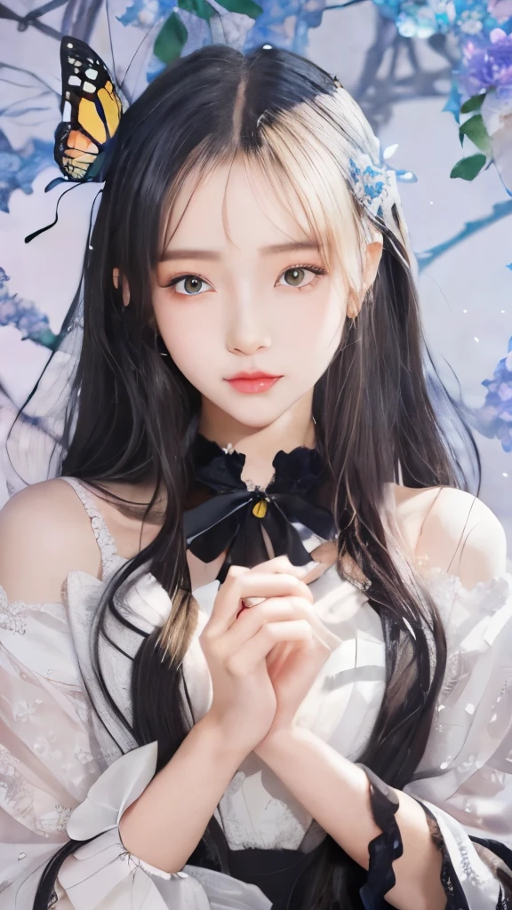 anime girl with flowers in her hands and a butterfly in her hand, guweiz, artwork in the style of guweiz, ethereal anime, dreamy psychedelic anime, hanayamata, soft anime illustration, anime visual of a young woman, anime visual of a cute girl, beautiful anime artwork, digital anime illustration, anime illustration, guweiz masterpiece，black long straight hair，butterfly hair section，long black hair，butterfly hair ornaments，long black hair，long black hair，butterfly hair ornaments，black long straight hair，black long straight hair，Butterfly bow hair decoration