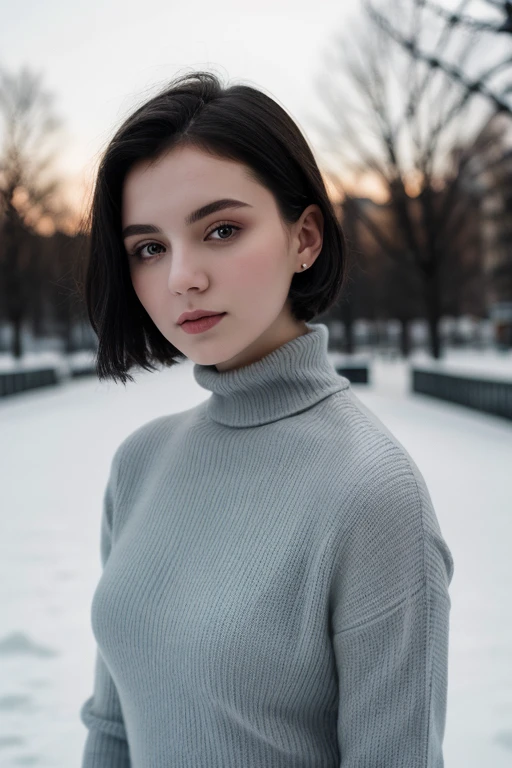 (Best quality, a high resolution:1.2),full length,beautiful figure, close-up portrait,Winter city background,Instagram style photo,21 year old Russian girl,short hair,Black hair, turtleneck top,Split Lighting,pale skin,high contrast,Shades of Gray,soft focus,Icy blue shades,Cold atmosphere