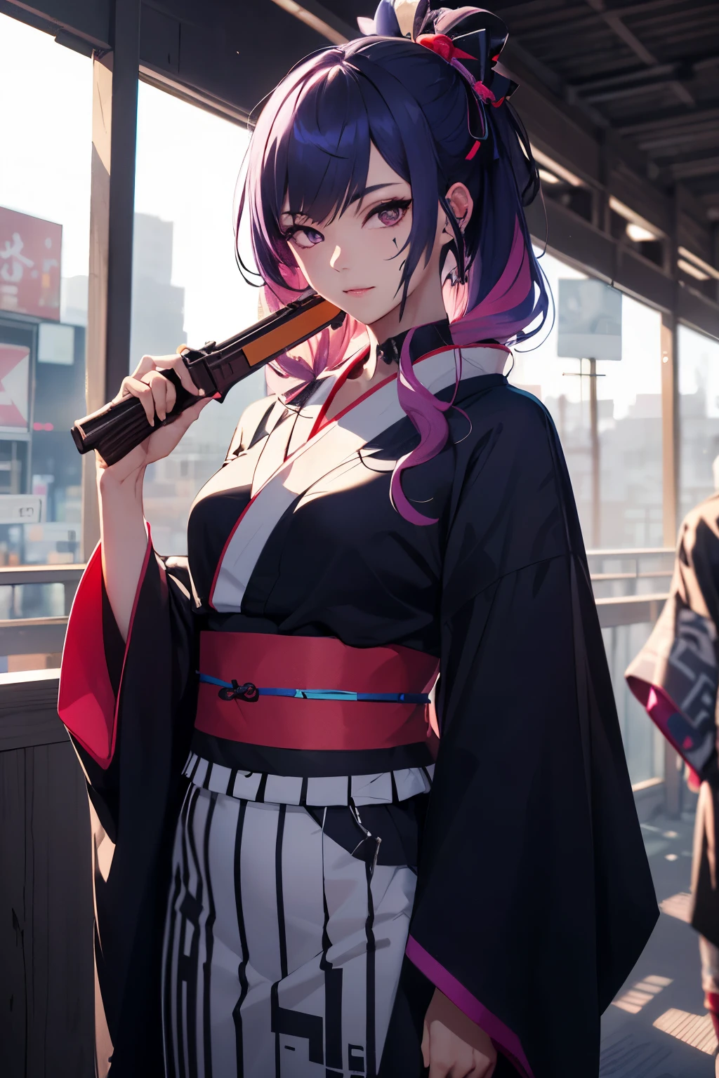 Best quality image of aestetic alpha badass idol with mix cyberpunk, kpop, and gothic vibe with gothic mix with yukata dress and long rainbow hair taken by potrait mode and holding traditional fan on left hand and gun on right hand NOT SEXY