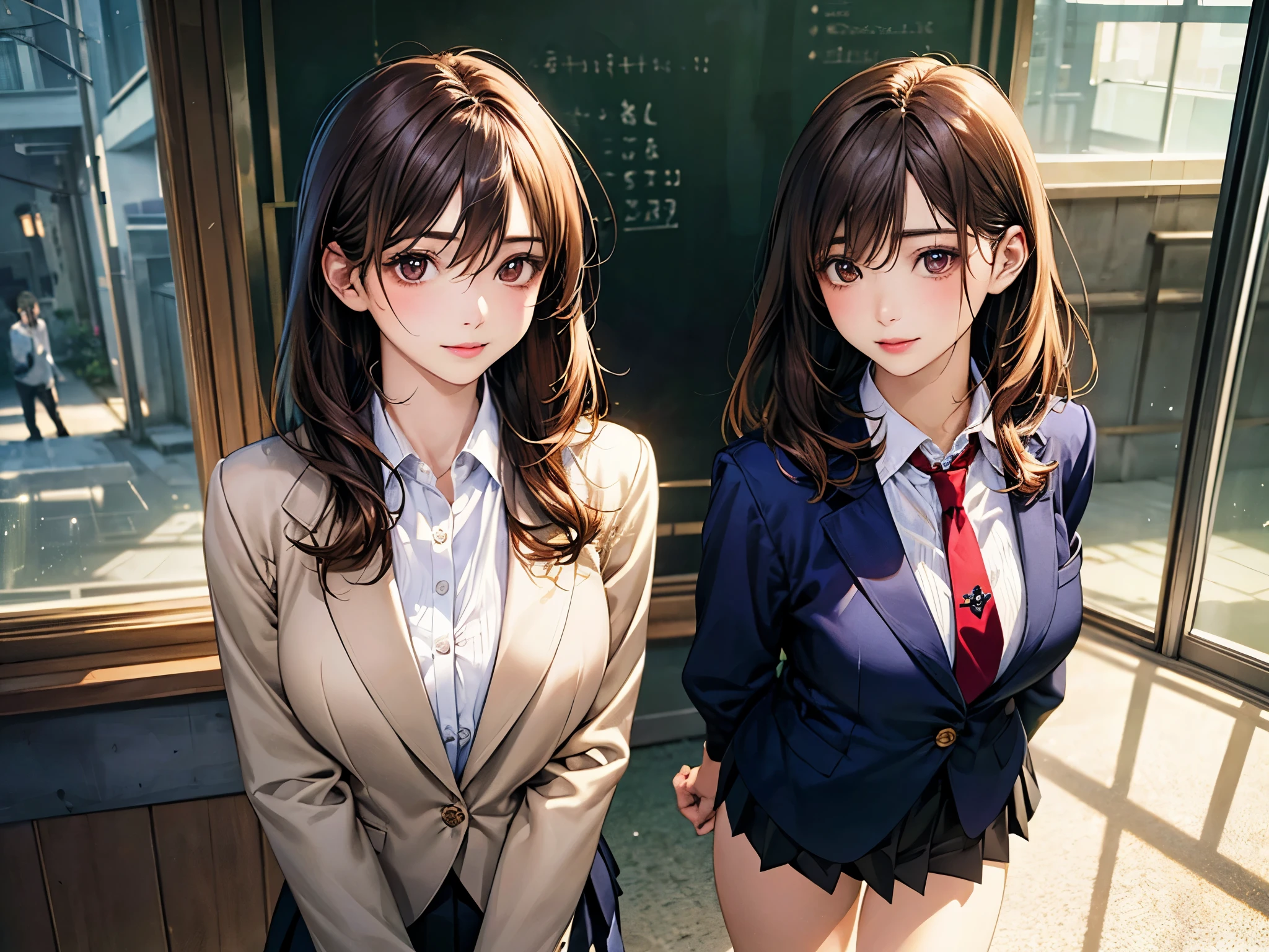 (masterpiece:1.2, top-quality), (realistic, photorealistic:1.4), beautiful illustration, (natural side lighting, movie lighting),
looking at viewer, upper body, front view, 2 girl, japanese, 16 years old, perfect face, cute and symmetrical face, shiny skin, babyface,
(middle hair:1.2, straight hair:1.2, brown hair), hair between eyes, gold eyes, (middle breasts, seductive thighs, big ass),
beautiful hair, beautiful face, beautiful detailed eyes, beautiful clavicle, beautiful body, beautiful chest, beautiful thigh, beautiful legs, beautiful fingers,
((navy blazer, close blazer), long sleeve white collared shirts, navy pleated skirt), red tie, light brown cardigan,
(beautiful scenery), evening, inside aquaria, walking, (cheerful, upper eyes),