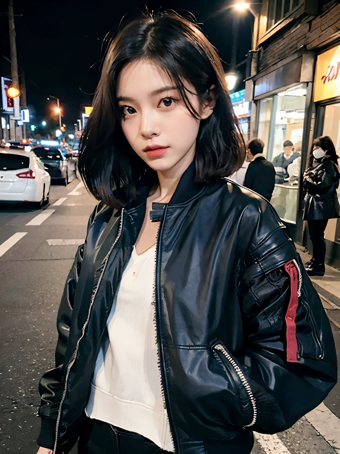 fullbody, (((wearing riders jacket ))), Bewitching eyes, well-balanced eyes, //street snap //fashion model posing,  ((facing viewer)), //at the street, //japanese lady, pale skin, //permanent wave, //((standing)), high quality:1.3, Professional lighting:2.0 realistic:1.2, 4k resolution, detailed skin, masterpiece:1.1