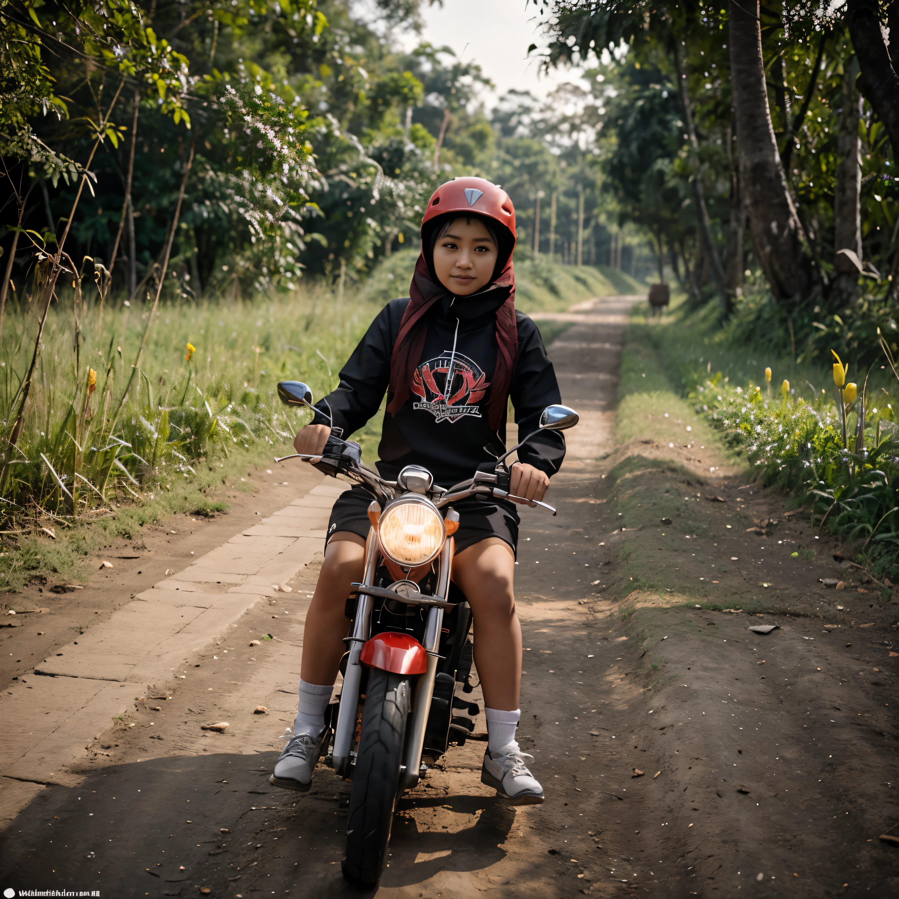 seorang anak Kecil perempuan cantik usia 2 tahun, wajah Indonesia, memakai Jersey merah kombinasi putih tuliskan "AURA", celana pendek, sedang naik motor trail mini, dengan warna merah hitam, latar belakang jalan persawahan, hyperrealistis. UHD, gambar sangatlah nyata sekali, 360 PX