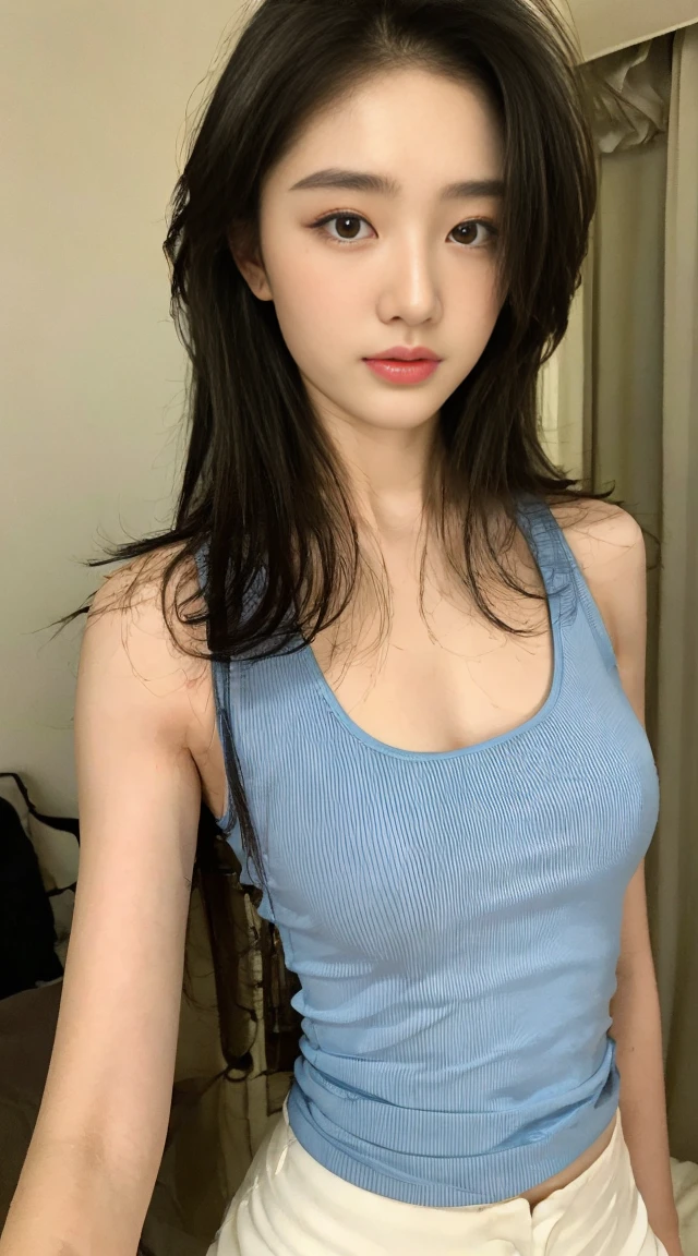 ((best quality, 8k, masterpiece :1.3)),beautiful woman，Hide your face，2 girls，Beautiful big breasts：1.3，slim abs：1.1，white，，long black hair，（sitting on bed），Super detailed face，highly detailed lips，delicate eyes，double eyelids焦点清晰 :1.2, 完美身材beautiful woman:1.4, slim abs:1.2, ((layered hairstyle:1.2)), (Tank top shirt:1.1 ), (corridor:1.2), Highly detailed facial and skin textures, delicate eyes, double eyelids