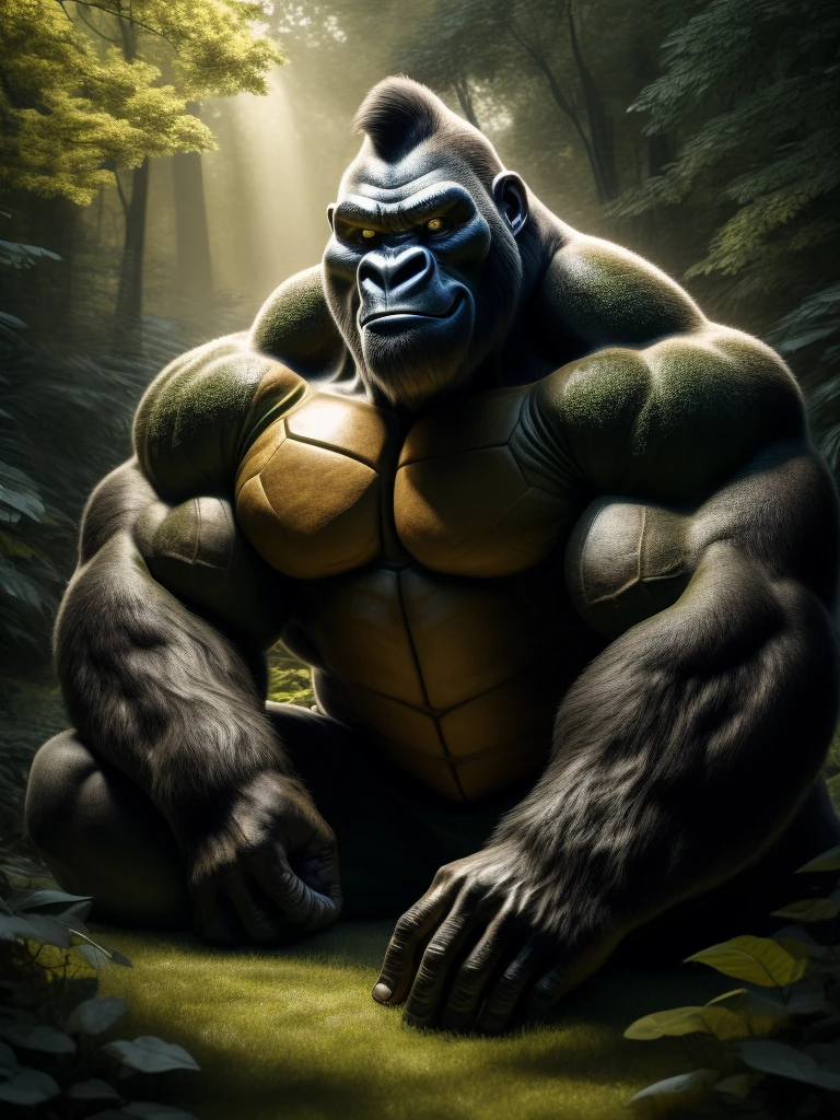 An illustration of a mythological creature, a 50 percent Strong Gorilla and 50 percent Scary Turtle fusion, sits solitarily in a lush forest background. The green theme is prevalent, with foliage adorning the creature's surroundings. This fusion of power and fear carries an ominous aura, its expression fierce as it ponders the silence.

The gorilla portion shows magnificent muscles, accentuated by the play of light and shadow, while the turtle shell is meticulously crafted, gleaming in the dappled forest light. The combination of these two contrasting elements exudes a sense of mystery and intrigue in this captivating