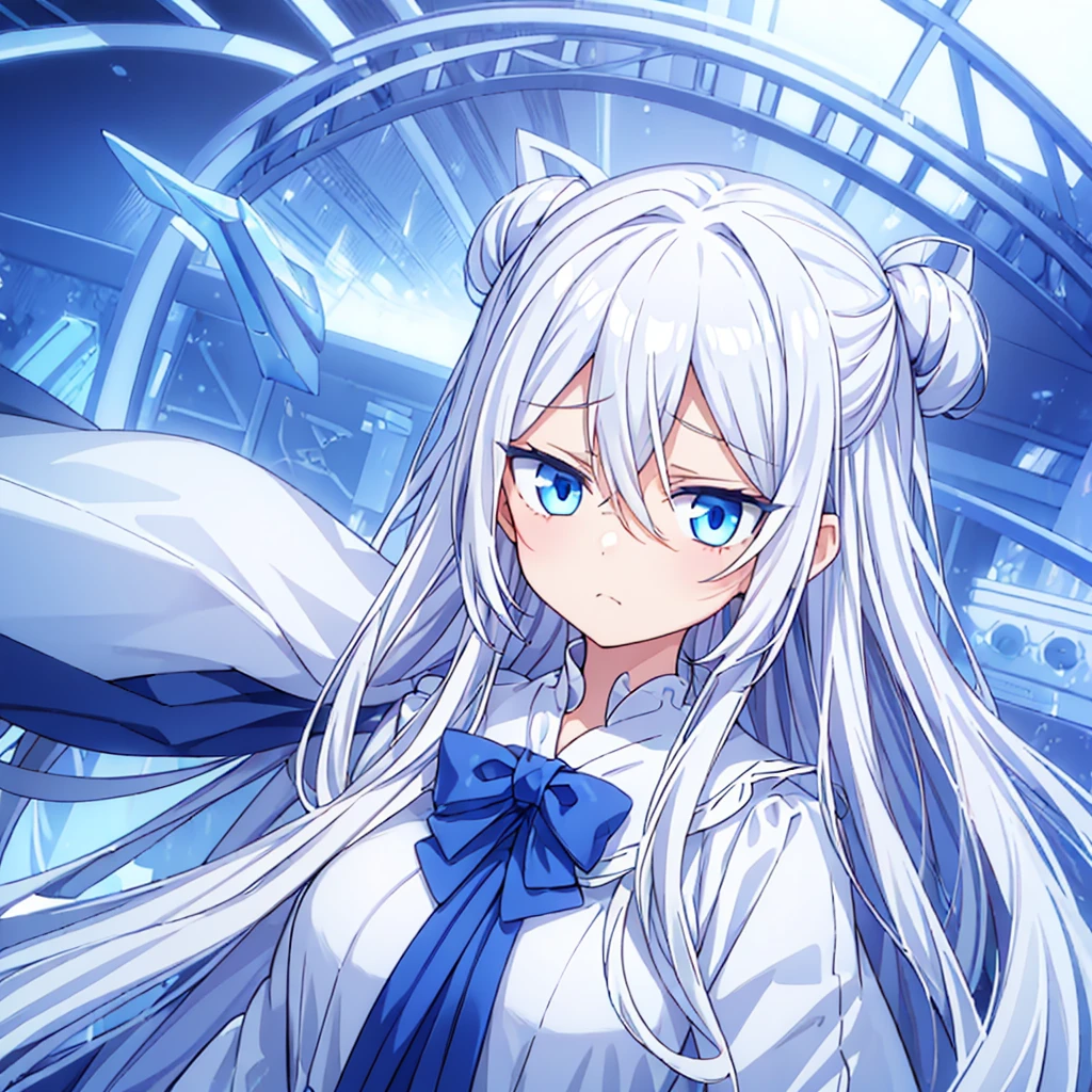 a girl，long white hair，blue eyes，Unhappy expressions
