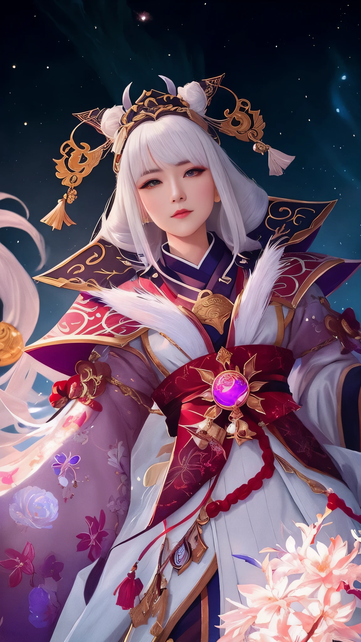 a close up of a woman in a costume , onmyoji detailed art, onmyoji portrait, white haired deity, onmyoji, heise jinyao, beautiful celestial mage, portrait knights of zodiac girl, astri lohne, portrait of a female mage, ne zha from smite, inspired by Ju Lian, inspired by Lan Ying