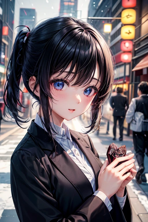 Japanese、black hair、25 years old、shortcut、OL 、business suit、The jacket is white、masterpiece、最高masterpiece、highlight on eyes、hair is shiny、cute、in the city、one person、it's snowing、Valentine's Day Chocolate、Tsundere、beautiful eyes、
