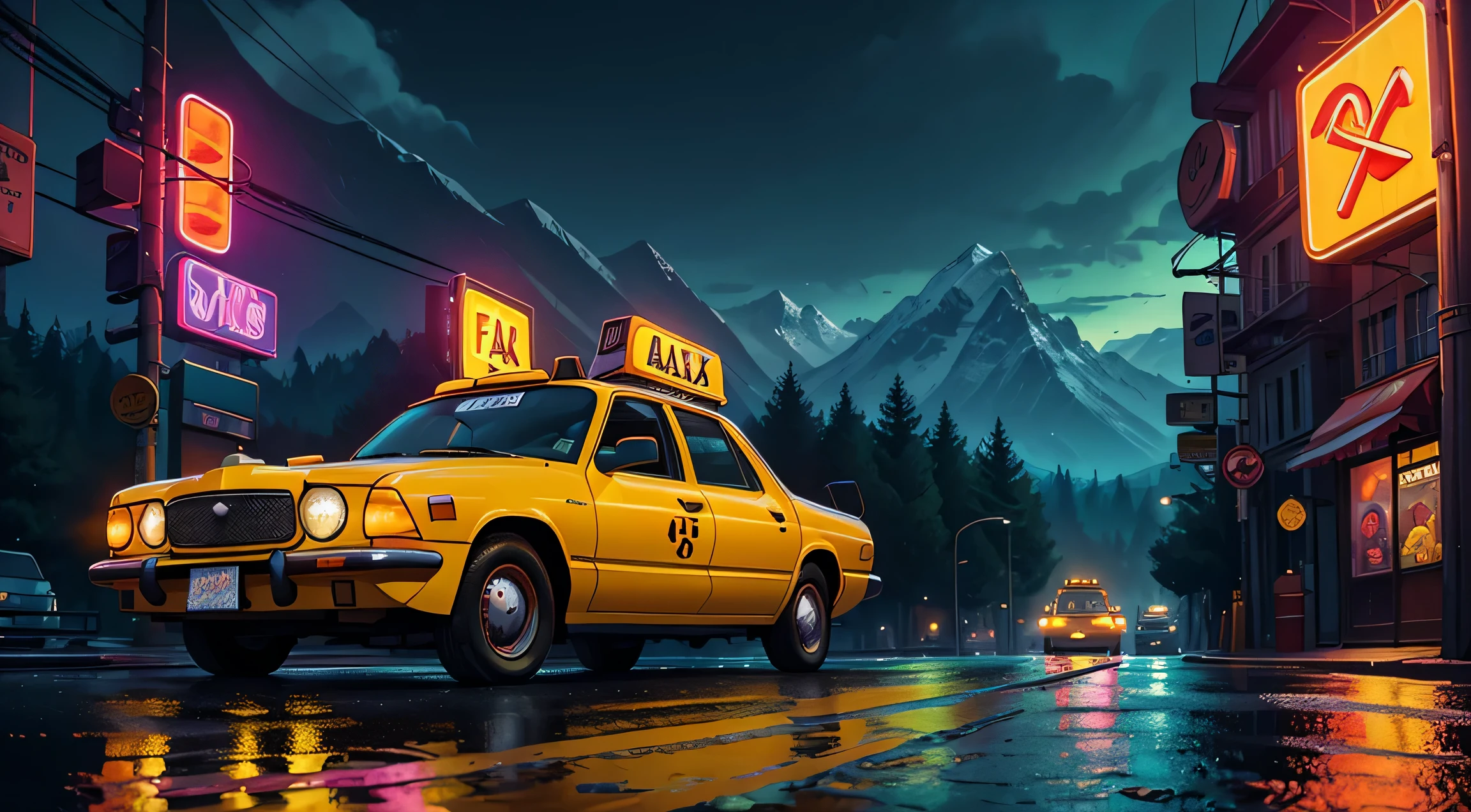 half of taxi car on lef side of the image, Retro, Full Color, Multicolor, Artistic, Superior Detail, Super Quality, Fine Details, Highlights, Neon Lights, 8k, Masterpiece, City Night, Neon Lights, Wet Road, Mountains, Forest