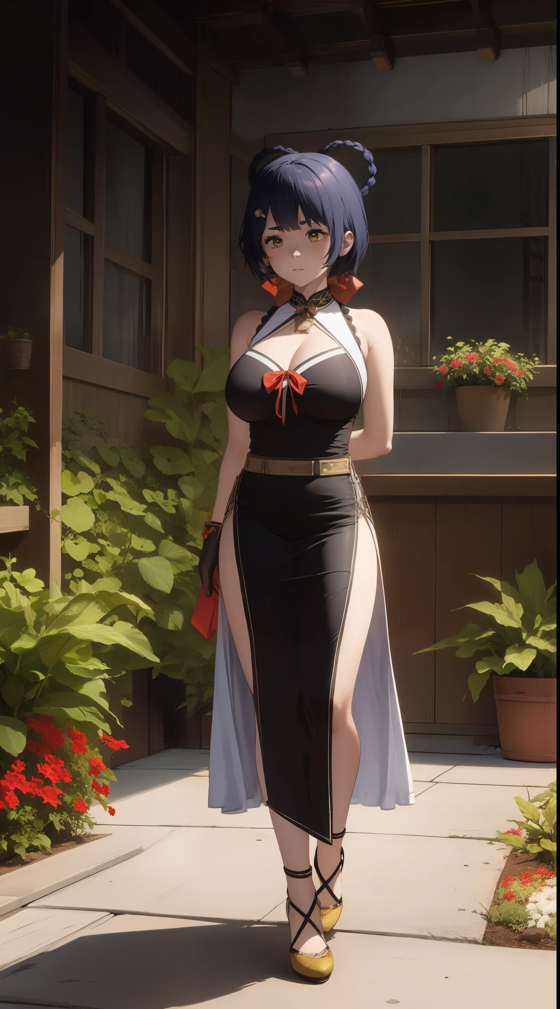 xiangling \(genshin impact\),1girl,blue hair, short hair, thick eyebrows, hairclip, hair rings, braid, yellow eyes, (Beautiful,Huge_Breasts:1.2),
BREAK
, 1girl, solo, Standing in the garden, full body, full figure,
BREAK
, Garden,
BREAK
, bow,glove, chinese clothes, sleeveless, bare shoulders, pelvic curtain, belt,
BREAK
, official art, extremely detailed CG unity 8k wallpaper, perfect lighting, Colorful, (best_quality:1.0), ultra high res,4K, ultra-detailed, 8K, HDR, high resolution,  absurdres:1.2, film grain, blurry background, (vibrant_color:1.2), (narrow waist),