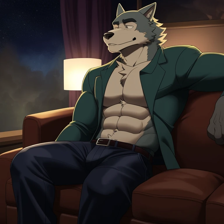 In the dimly lit den, a towering figure of a werewolf named Legoshi from the Beastars animated series sat on a worn-out couch. His massive build, a characteristic of his species, was accentuated by the narrow space of the den. With a thoughtful expression, he stared at his friend, a smaller gray wolf named Louis, who lay next to him. The atmosphere was heavy with tension, and an unspoken desire simmered between the two.
Legoshi's big frame was largely covered by his fitted NSFW attire. His fur, an deep, rich brown, blended seamlessly with the rough texture of his leather pants. The pant's hem ended mid-th