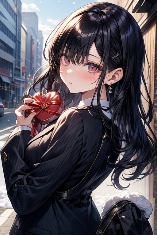 Japanese、black hair、25 years old、shortcut、OL 、business suit、The jacket is white、masterpiece、最高masterpiece、highlight on eyes、hair is shiny、cute、in the city、one person、it&#39;s snowing、Valentine's Day Chocolate、Tsundere、beautiful eyes、Crepe