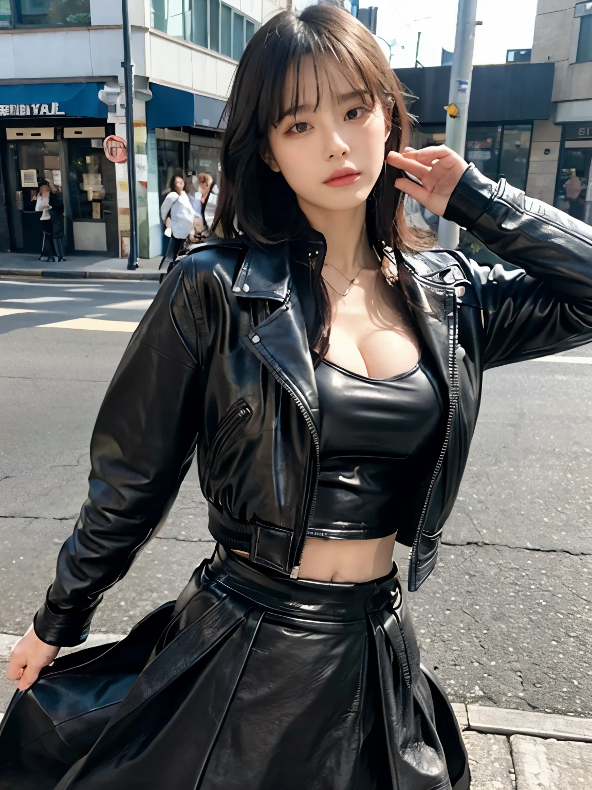 (((wearing leather riders jacket ))), (((wearing long skirt ))), kawaii, Bewitching eyes, well-balanced eyes, //street snap //fashion model posing, ((facing viewer)), //at the street, //japanese lady, pale skin, //permanent wave, //((standing)), high quality:1.3, Professional lighting:2.0 realistic:1.2, 4k resolution, detailed skin, masterpiece:1.1, big breasts, cleavage, fullbody, 