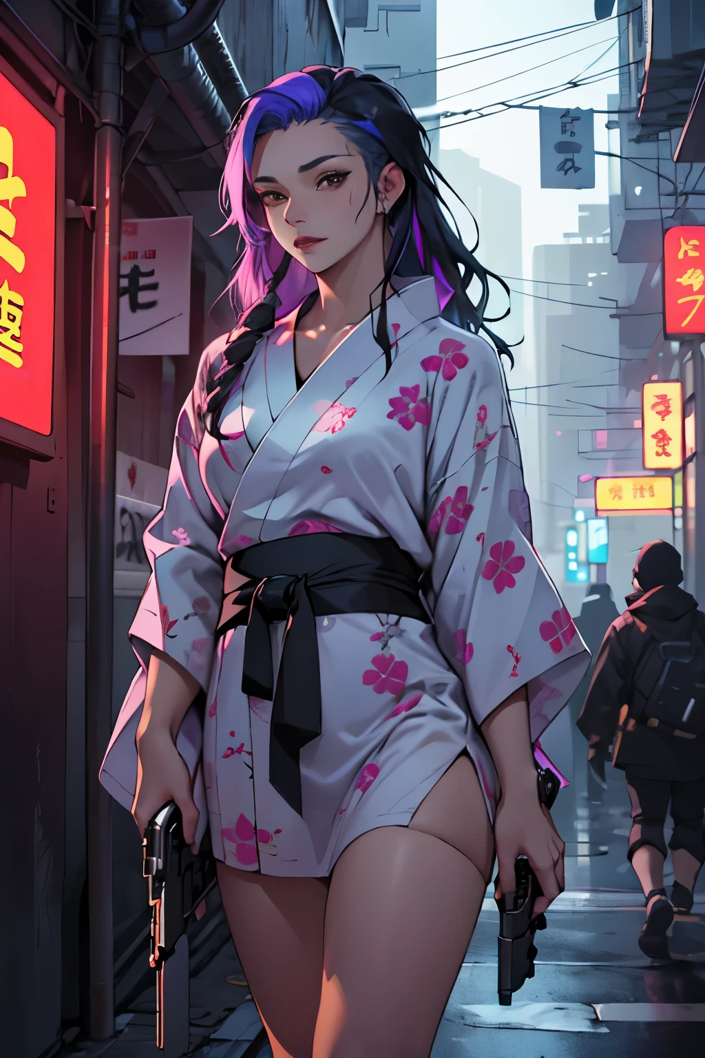 1girl, ((Black hair)), ((Kimono, Geisha)), ((heavy face makeup)), ((hair done up in a Sakkō style)), ((white face paint)), ((heavy makeup, purple eyeliner, purple lips, purple eyeshadow)),large breast:1.4,big booty,(spider lower abdomen,narrow waist,wide hip,athletic body,inflated legs, thick thighs),
(nsfw),
(((lustrous skin:1.5,bright skin: 1.5,shiny skin,very shiny skin,shiny body,plastic glitter skin,exaggerated shiny skin,illuminated skin,wet legs))),(detailed body,(detailed face)),
cute,slutty,seductive,erotic,
(((wet clothes,intricate outfit,intricate clothes))), ((clothes color palette limited to purple, pink, blue, dark purple)),
(dynamic pose:1.0),solo focus,embarrassed,(centered,scale to fit dimensions,Rule of thirds),
cyberpunk city by the ocean at night, with bright neon signs and dark stormy clouds and puddles, scenery:1.25,nighttime, starry night, cosmos,Very dark night that makes the neon lights stand out, very bright neon lights,
artistic photography,(photography taken by sldr),highres, sharp focus,(ultra detailed, extremely detailed), (photorealistic artwork:1.37),(extremely detailed CG unity 8k wallpaper),((synthwave background theme)),(((vibrant colors))),intricate,(intricate background),(masterpiece),(best quality),perfect rendered face,perfect face details,realistic face,photo realistic,analog style,((intricate detail)),(((realism))),