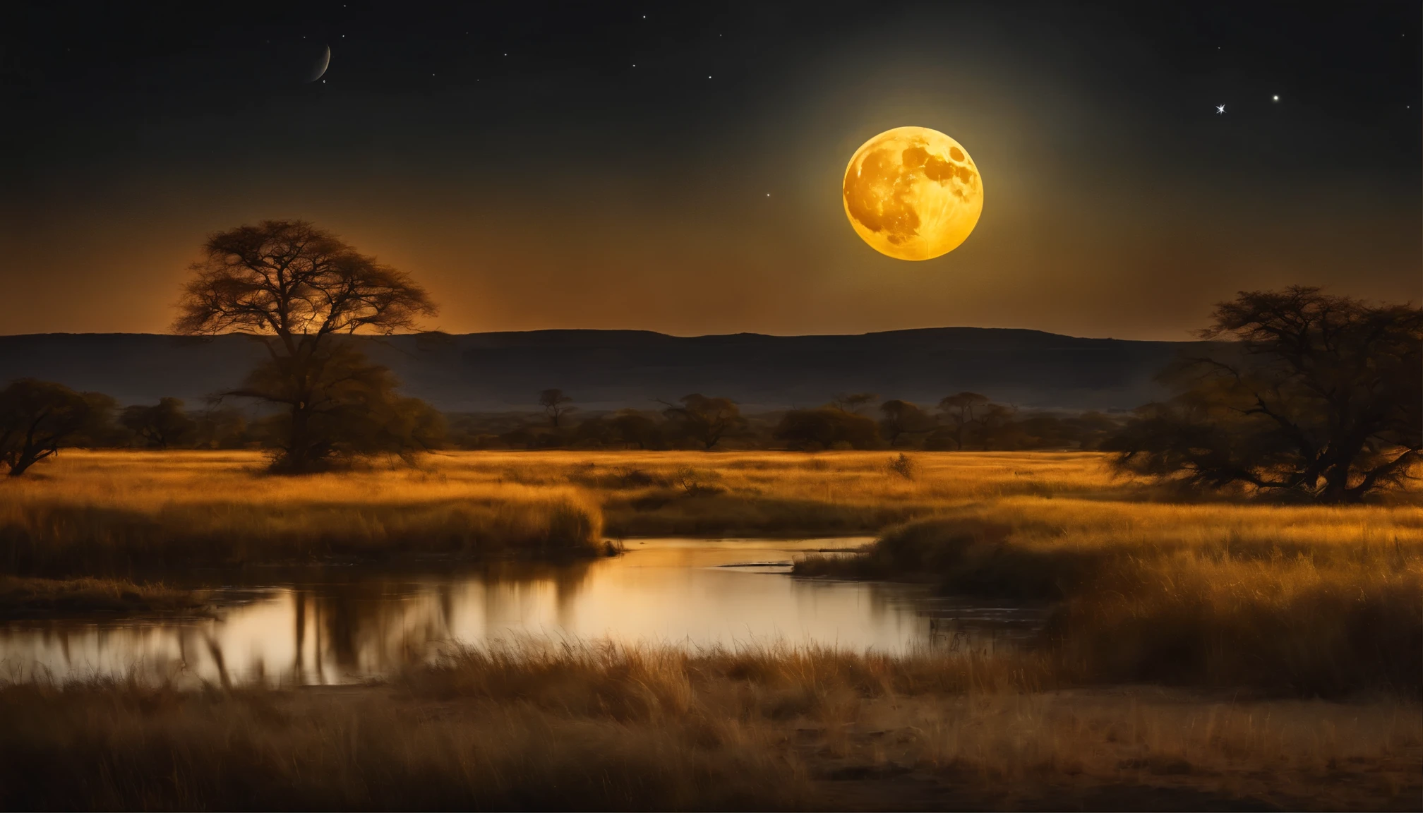 Arafed view of a full moon over the savannah at night, a photorealistic painting by Alexander Bogen, shutterstock, romanticism, reflection of the moon, big moon above the plains, yellowish full moon, moon shining golden light