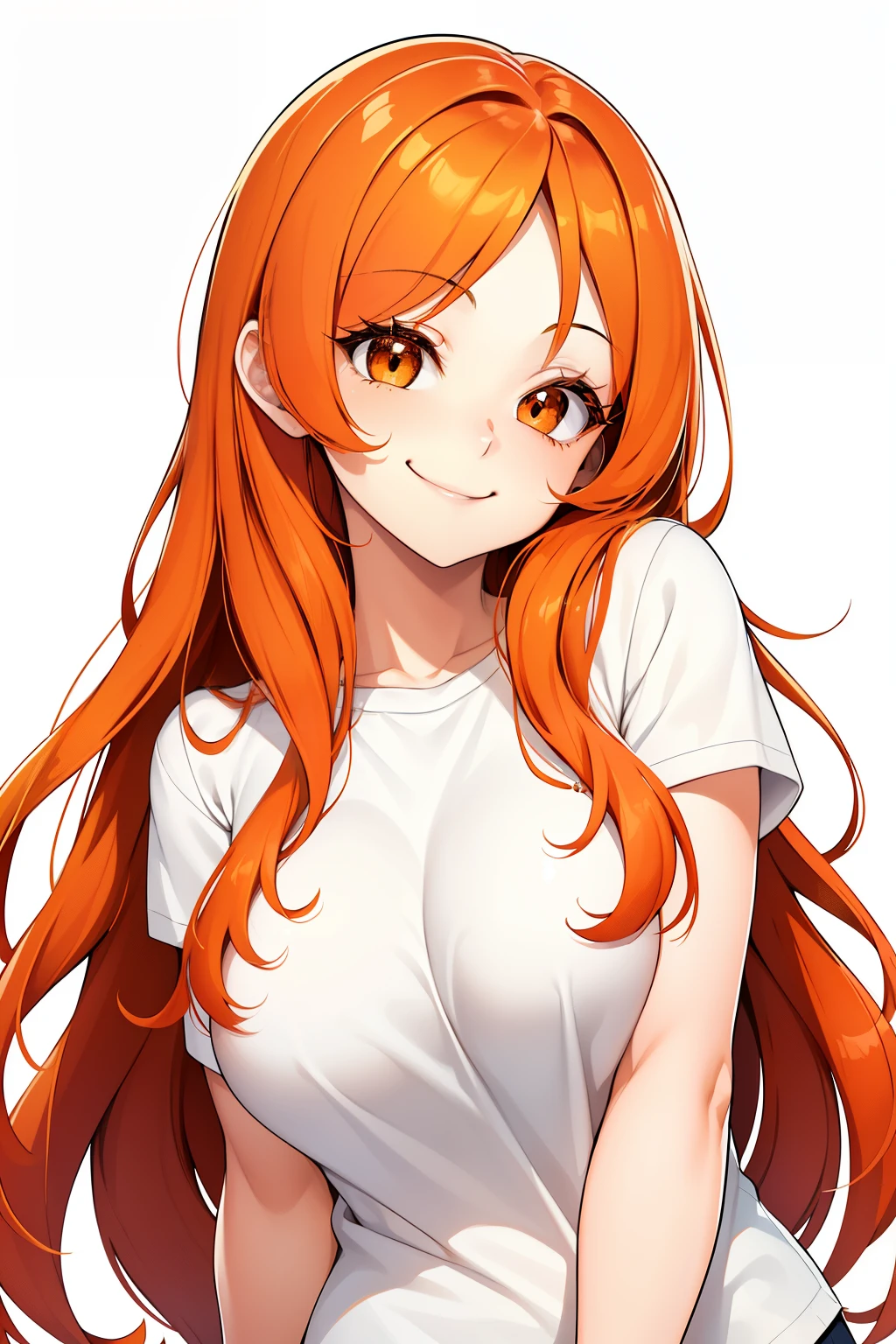 1girl, solo, upper body,
orange hair, long hair,
orange eyes, long eyelashes, thick eyelashes, looking at viewer,
smile,
white shirt,
white background, simple background,