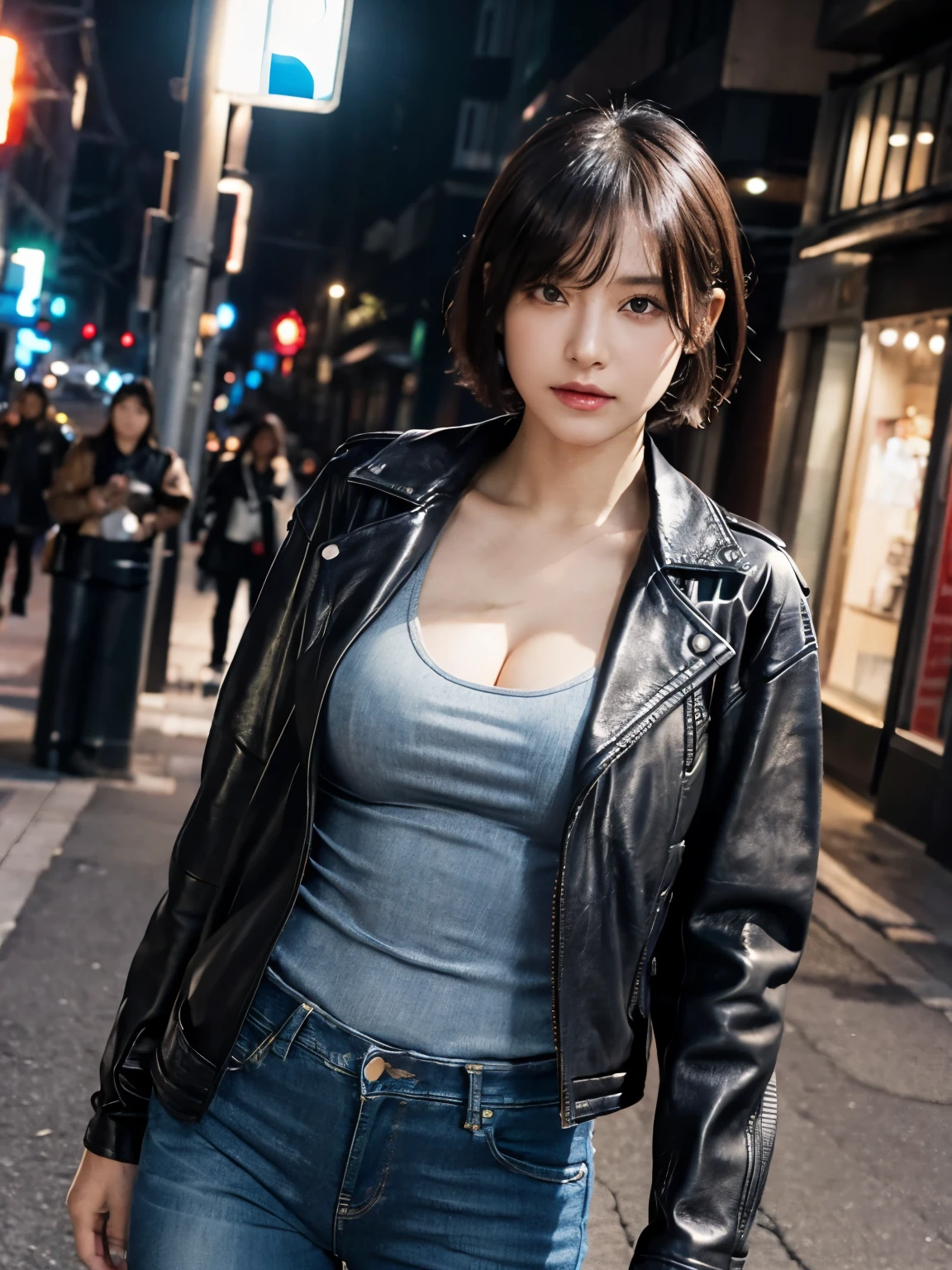 ((Highest quality, 8K, masterpiece :1.3)), (Sharp focus :1.2, Beautiful woman with perfect figure :1.4, Slim Abs :1.2), ((Big Breasts, Emphasize cleavage:1.3)), (Photorealistic:1.4), (realistic:1.4), (A cheerful smile, Short Bob Hair, Light brown hair:1.5), Highly detailed face and skin texture, Fine grain, double eyelid. Makeup face, A little bit of lipstick, necklace, Earrings, sex appeal, Sexy gravure pose, ((A woman wearing a black leather jacket and a tight skirt、A cool look in the city night view、A pose with the jacket slightly open to reveal the chest。:1.3)