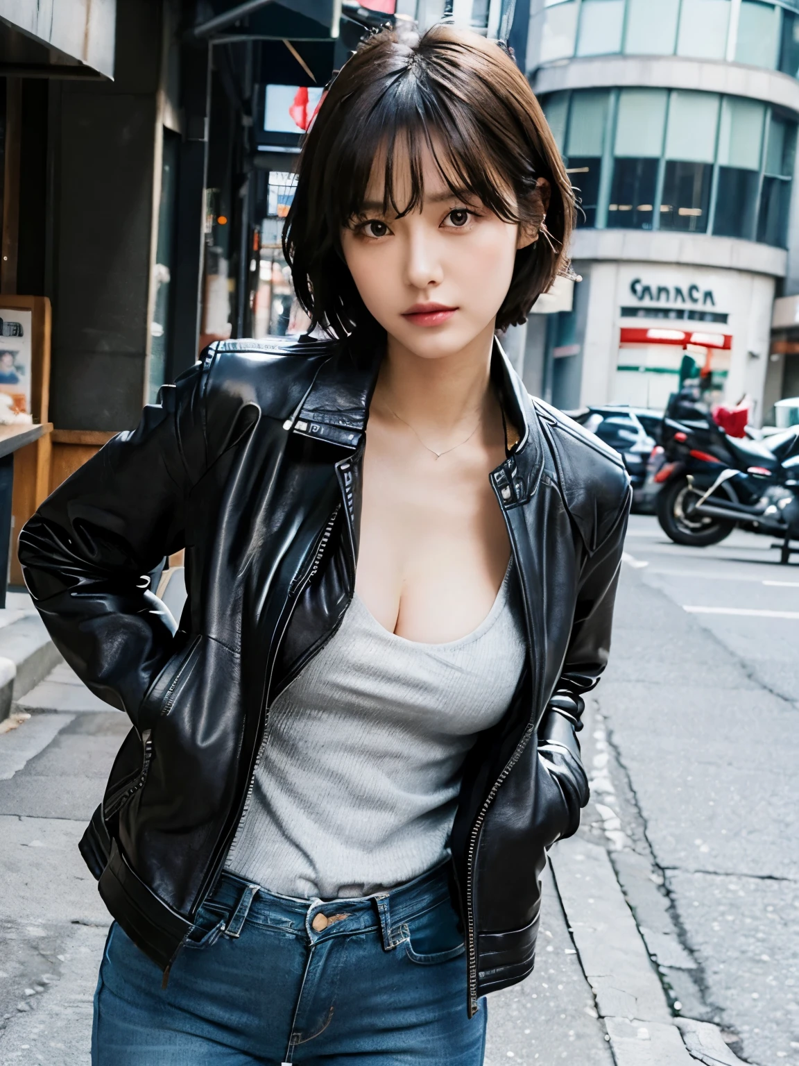 (((wearing leather riders jacket ))), (((wearing jeans ))), kawaii, Bewitching eyes, well-balanced eyes, //street snap //fashion model posing, ((facing viewer)), //at the street, //japanese lady, pale skin, //silver short hair, //((standing)), high quality:1.3, Professional lighting:2.0 realistic:1.2, 4k resolution, detailed skin, masterpiece:1.1, big breasts, cleavage, fullbody,