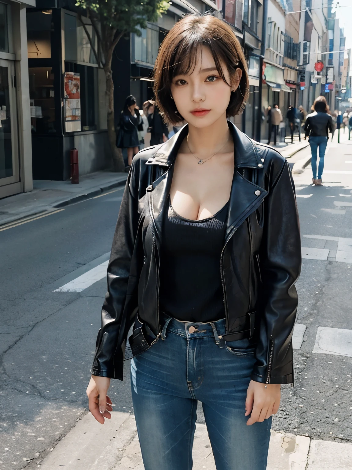 (((wearing leather riders jacket ))), (((wearing jeans ))), kawaii, Bewitching eyes, well-balanced eyes, //street snap //fashion model posing, ((facing viewer)), //at the street, //japanese lady, pale skin, //silver short hair, //((standing)), high quality:1.3, Professional lighting:2.0 realistic:1.2, 4k resolution, detailed skin, masterpiece:1.1, big breasts, cleavage, fullbody,