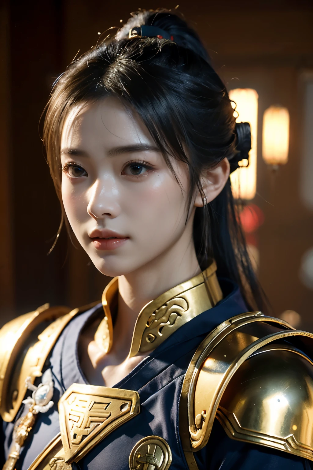 Game art，The best picture quality，Highest resolution，8K，(A bust photograph)，(Portrait from bust:1.5)，(Head close-up)，(Rule of thirds)，Unreal Engine 5 rendering works， (The Girl of the Future)，(Female Warrior)， 
20岁少女，(The warrior in ancient China)，(Short ponytail hairstyle)，An eye rich in detail，(Big breasts)，优雅高贵，冷漠，(Smile)，
(The costume of Chinese swordsman elements，Costumes of ancient Chinese characters，Armor，The costume is red and gold，Heavy armour，Joint Armor)，(Chinese Hanfu:1.3)，人物，奇幻风格，
拍照姿势，野外背景，Movie lights，Ray tracing，Game CG，((3D Unreal Engine))，oc渲染反射纹