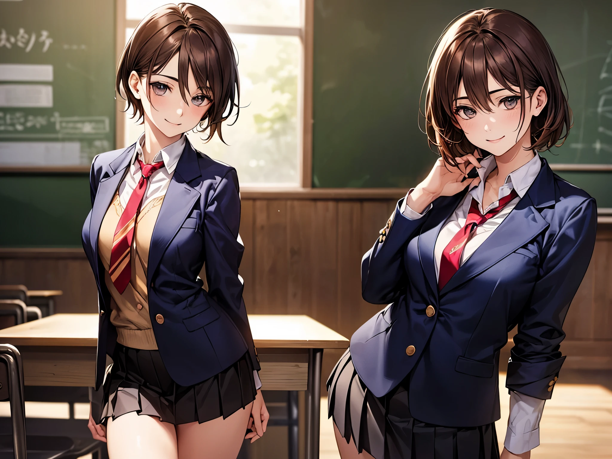 (masterpiece:1.2, top-quality), (realistic, photorealistic:1.4), beautiful illustration, (natural side lighting, movie lighting),
looking at viewer, upper body, front view, 2 girl, japanese, , perfect face, cute and symmetrical face, shiny skin, babyface,
({short hair | middle hair}, straight hair:1.2, brown hair), hair between eyes, gold eyes, (middle breasts, seductive thighs, big ass),
beautiful hair, beautiful face, beautiful detailed eyes, beautiful clavicle, beautiful body, beautiful chest, beautiful thigh, beautiful legs, beautiful fingers,
(((navy blazer), close blazer), long sleeve white collared shirts, navy pleated skirt), red tie,
(beautiful scenery), evening, classroom, blackboard, standing, (lovely smile, upper eyes),