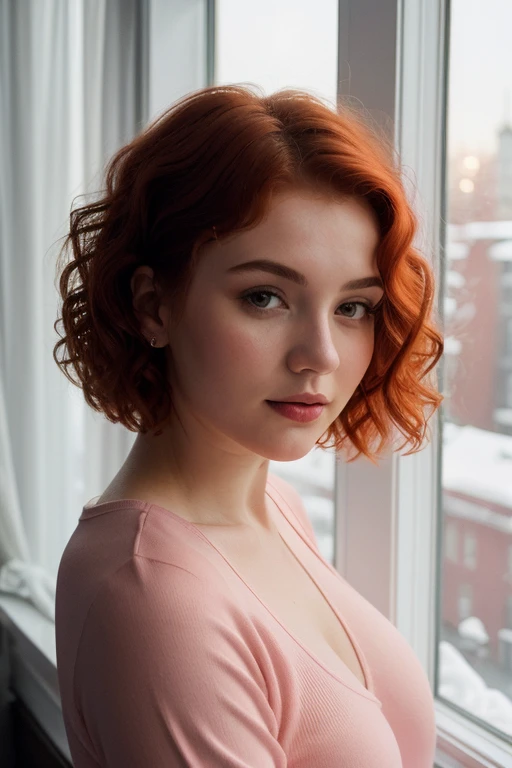 (Best quality, a high resolution:1.2),Full Length, beautiful figure, close-up portrait,Winter city from the window,Instagram style photo,21 year old Russian girl.,short hair, Red hair, hair curls, Loungewear, mother, Split Lighting,pale skin,high contrast,Shades of Pink,soft focus,Warm shades,Cold atmosphere