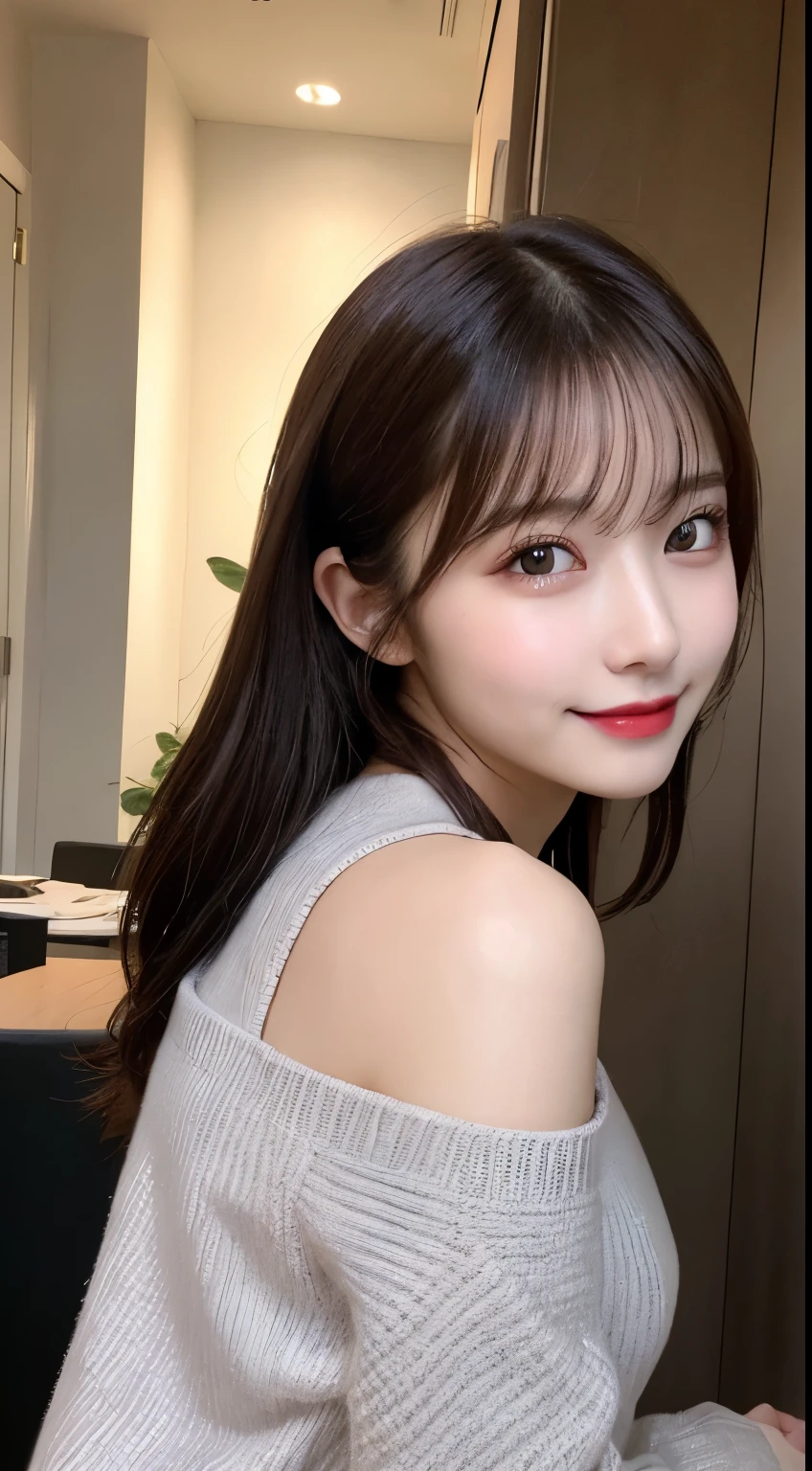 table top, highest quality, shape, Super detailed, finely, High resolution, 8k wallpaper, 完璧なダイナミックな構shape, beautiful and detailed eyes, long sleeve trendy women winter fashion,ponytail,small breasts natural color lip, sexy pose,smile、20 year old girl、sexy look for the camera