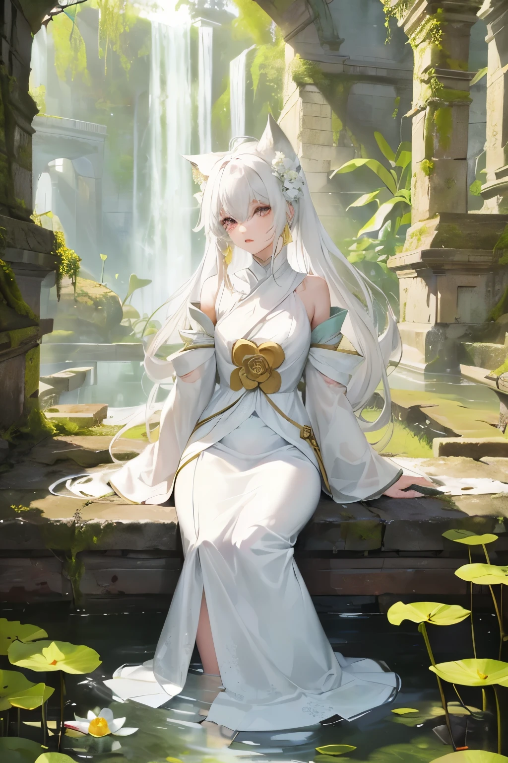 In the heart of a serene pond, surrounded by the tranquility of a lush lotus garden, sits a girl with medium-sized white fox ears, her expression unreadable. Her long white hair cascades down her shoulders, contrasting sharply with her sparkling red siren eyes, which seemed to hold a hidden depth. Dressed conservatively in a pristine white lotus robe, she blended seamlessly with her surroundings.

A small waterfall trickled down from the ruined aqueduct, adding to the peaceful ambiance. Moss-covered white building ruins stood tall behind her, and the fragrant scent of white lotus flowers filled the air. Her eyes