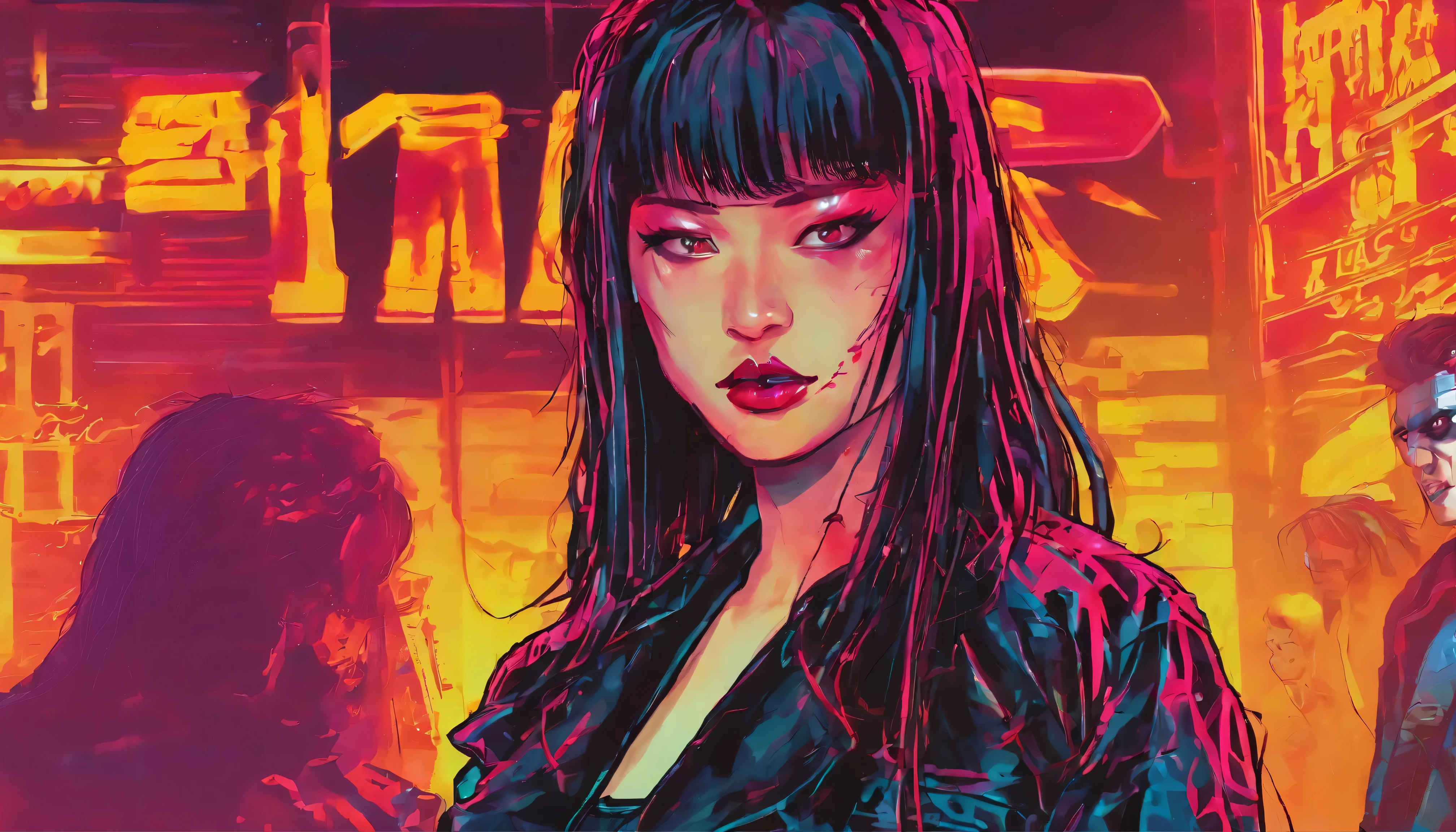 gorgeous female korean black metal singer with long escuro hair with sidecut tied up, with tight black overcoat and tight shorts, cheio de tatuagens, Apresentando-se em um concerto, escuro, pintura com pincel estilo pulp fiction, melhor qualidade, obra de arte