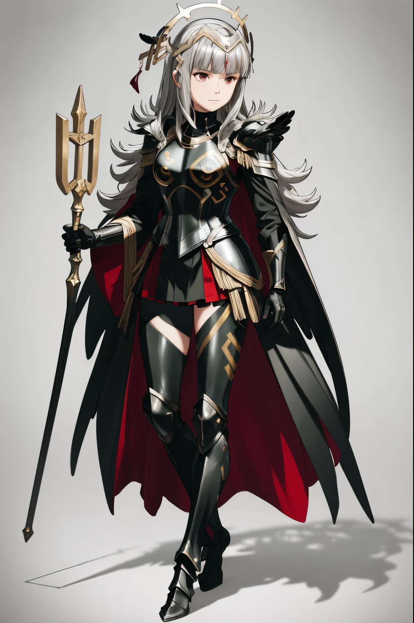 holding staff,bra_veronica, armor,black armor, feathers,cape, closed mouth, black gloves,  shoulder armor, breastplate, high heels, armored boots, black long sleeves, feather trim, white wide sleeves, gauntlets, , black dress, thighhighs, red pantyhose, greaves, black skirt, outdoors,(masterpiece, best quality, ultra-detailed, best shadow)