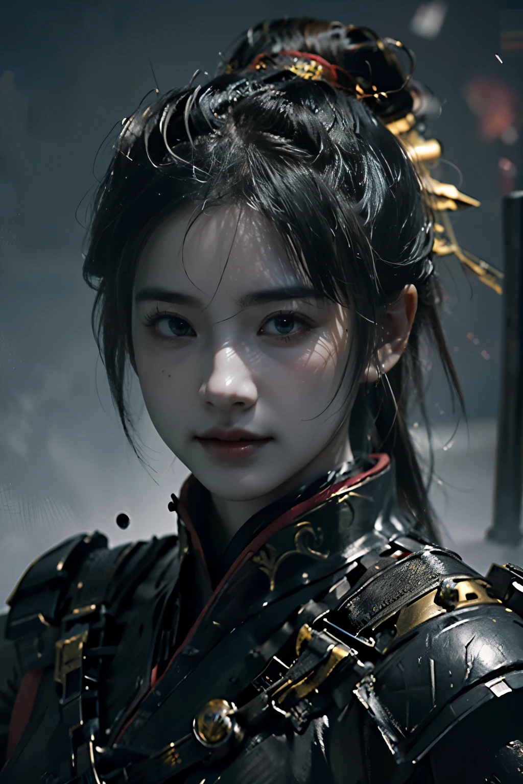 Game art，The best picture quality，Highest resolution，8K，(A bust photograph)，(Portrait from bust:1.5)，(Head close-up)，(Rule of thirds)，Unreal Engine 5 rendering works， (The Girl of the Future)，(Female Warrior)， 
20岁少女，(The warrior in ancient China)，(Short ponytail hairstyle)，An eye rich in detail，(Big breasts)，优雅高贵，冷漠，(Smile)，
(The costume of Chinese swordsman elements，Costumes of ancient Chinese characters，Armor，The costume is red and gold，Heavy armour，Joint Armor)，(Chinese Hanfu:1.3)，人物，奇幻风格，
拍照姿势，野外背景，Movie lights，Ray tracing，Game CG，((3D Unreal Engine))，oc渲染反射纹