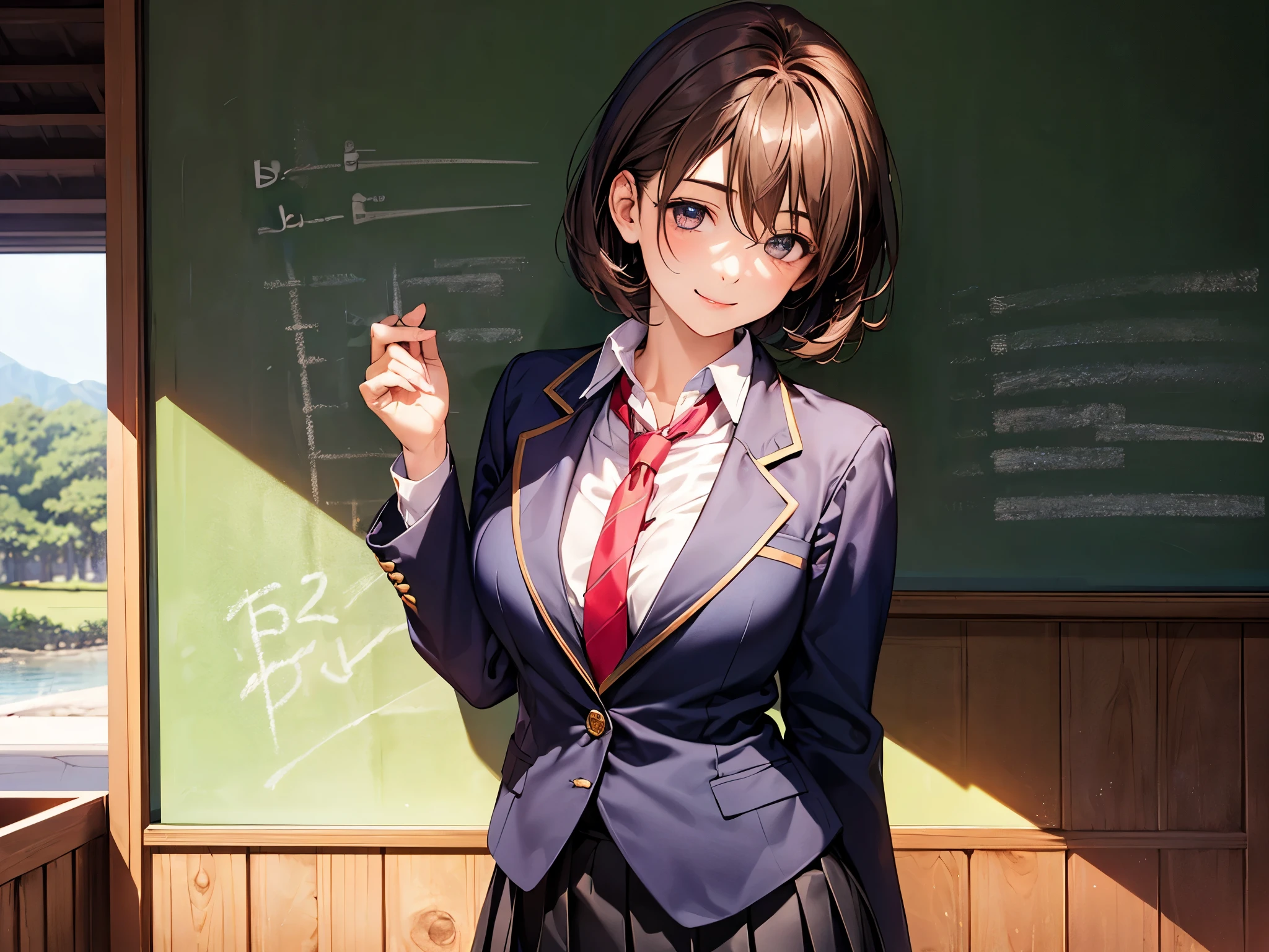 (masterpiece:1.2, top-quality), (realistic, photorealistic:1.4), beautiful illustration, (natural side lighting, movie lighting), 
looking at viewer, upper body, front view, 2 girl, japanese, 16 years old, perfect face, cute and symmetrical face, shiny skin, babyface, 
({short hair | middle hair}, straight hair:1.2, brown hair), hair between eyes, gold eyes, (middle breasts, seductive thighs, big ass), 
beautiful hair, beautiful face, beautiful detailed eyes, beautiful clavicle, beautiful body, beautiful chest, beautiful thigh, beautiful legs, beautiful fingers, 
(((navy blazer), close blazer), long sleeve white collared shirts, navy pleated skirt), red tie, 
(beautiful scenery), evening, classroom, blackboard, standing, (lovely smile, upper eyes), 