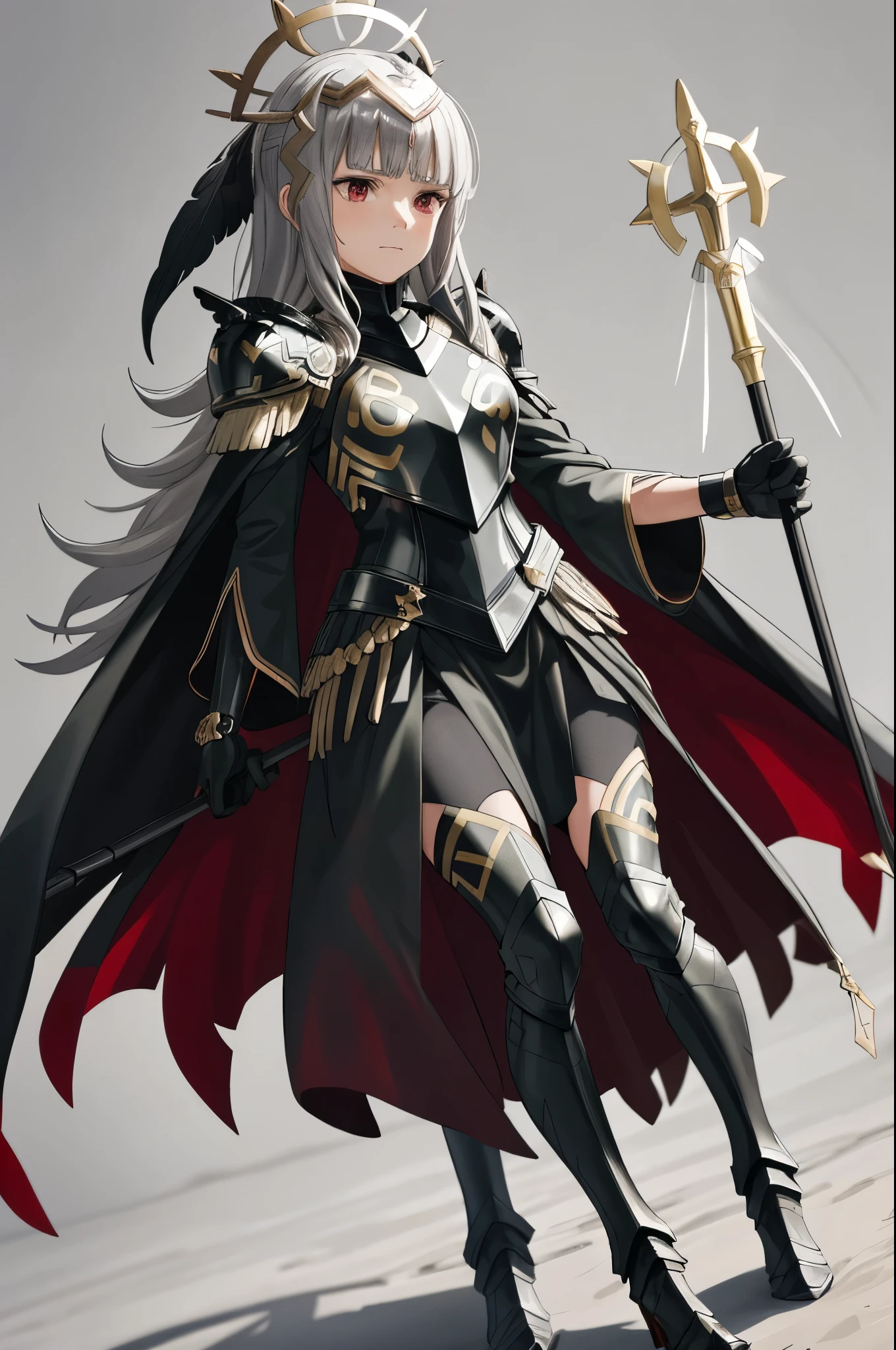 holding staff,bra_veronica, armor,black armor, feathers,cape, closed mouth, black gloves,  shoulder armor, breastplate, high heels, armored boots, black long sleeves, feather trim, white wide sleeves, gauntlets, , black dress, thighhighs, red pantyhose, greaves, black skirt, outdoors,(masterpiece, best quality, ultra-detailed, best shadow)