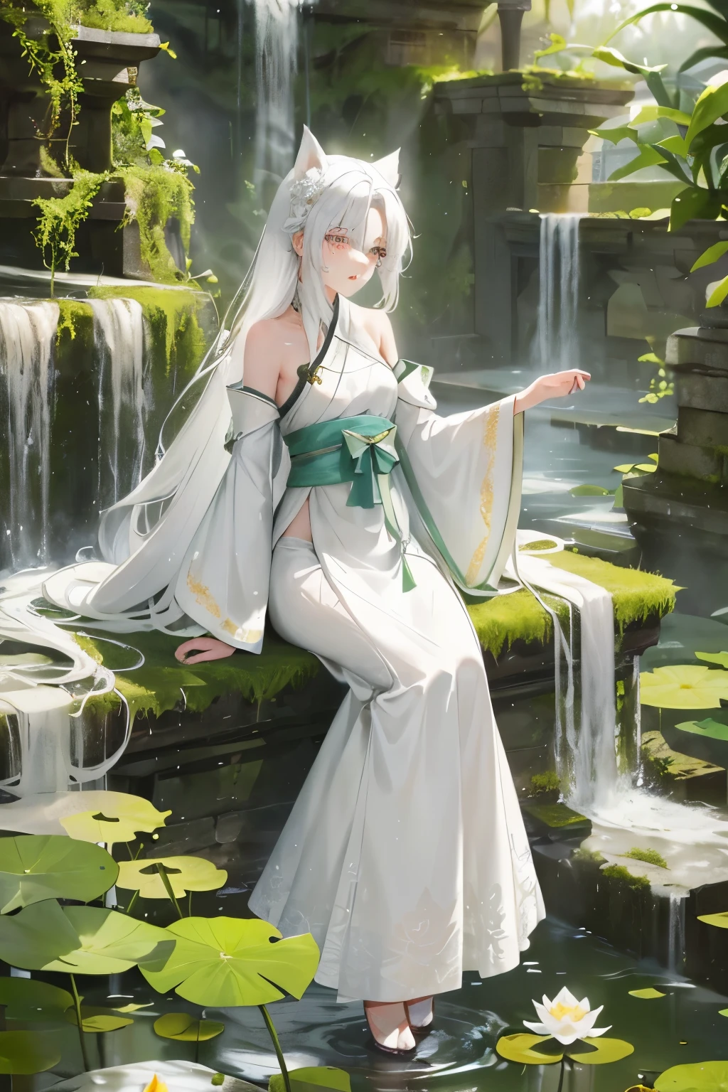 In the heart of a serene pond, surrounded by the tranquility of a lush lotus garden, sits a girl with medium-sized white fox ears, her expression unreadable. Her long white hair cascades down her shoulders, contrasting sharply with her sparkling red siren eyes, which seemed to hold a hidden depth. Dressed conservatively in a pristine white lotus robe, she blended seamlessly with her surroundings.
A small waterfall trickled down from the ruined aqueduct, adding to the peaceful ambiance. Moss-covered white building ruins stood tall behind her, and the fragrant scent of white lotus flowers filled the air. Her eyes