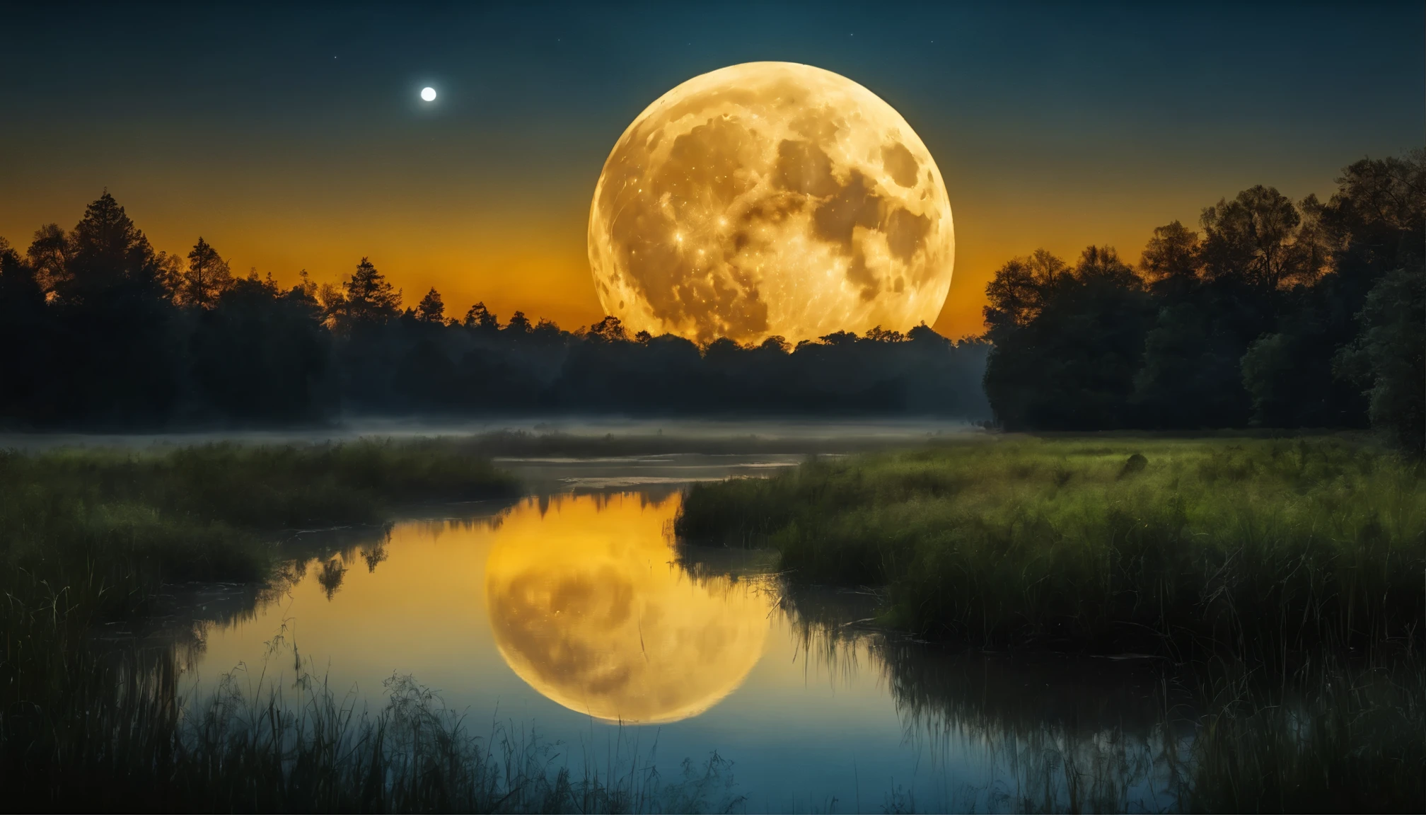 Arafed view of a full moon over the forest at night, a photorealistic painting by Alexander Bogen, shutterstock, romanticism, reflection of the moon, big moon above the swamp, yellowish full moon, moon shining blue light