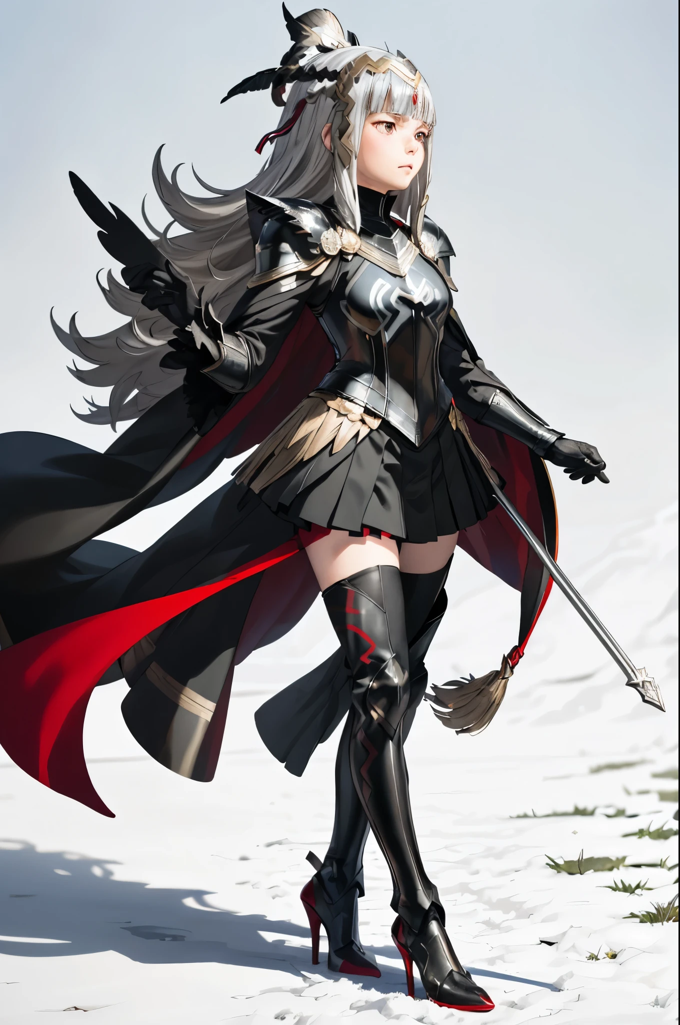 holding staff,bra_veronica, armor,black armor, feathers,cape, closed mouth, black gloves,  shoulder armor, breastplate, high heels, armored boots, black long sleeves, feather trim, white wide sleeves, gauntlets, , black dress, thighhighs, red pantyhose, greaves, black skirt, outdoors,(masterpiece, best quality, ultra-detailed, best shadow)