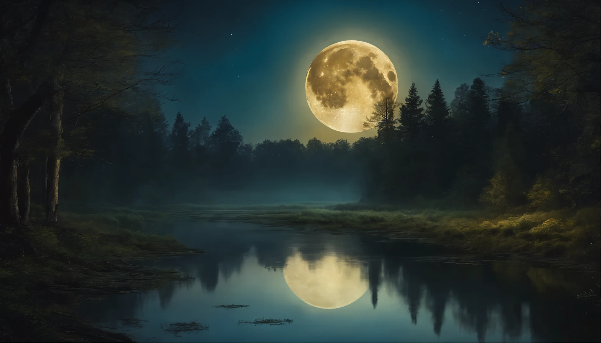 Arafed view of a full moon over the forest at night, a photorealistic painting by Alexander Bogen, shutterstock, romanticism, reflection of the moon, big moon above the swamp, yellowish full moon, moon shining blue light
