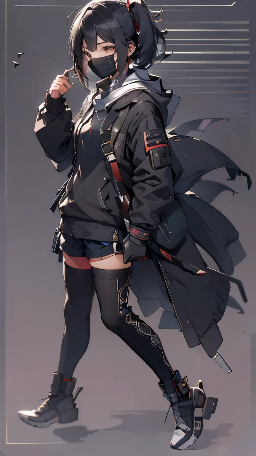 1 girl，black hair，side ponytail，Pale skin，empty eyes，yandere，Punk coat，Assassin Clothing，shorts，black mask，hood，sense of story，illustration