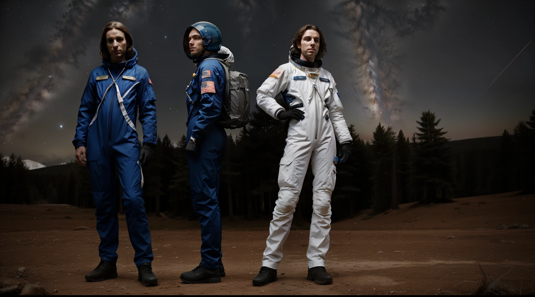 there are three people in space suits standing next to each other, forest