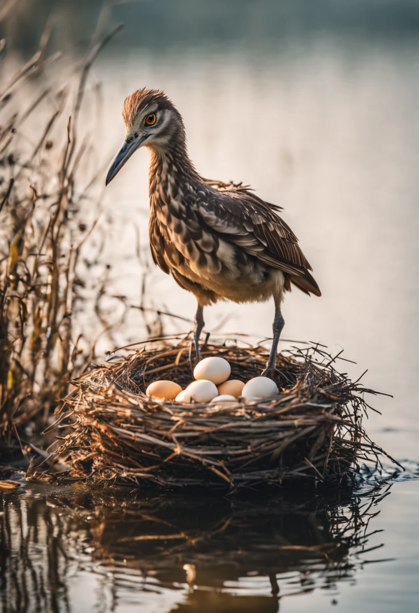 Stunning portrait of an ugly cute scruffy funny old crazy big eyed bird with long legs standing in a nest with eggs in a beautiful lake. Wacky bird in nest. Sharp focus on bird. 50mm professional photo