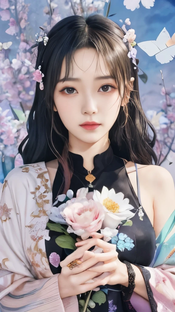 anime girl with flowers in her hands and a butterfly in her hand, guweiz, artwork in the style of guweiz, ethereal anime, dreamy psychedelic anime, hanayamata, soft anime illustration, anime visual of a young woman, anime visual of a cute girl, beautiful anime artwork, digital anime illustration, anime illustration, guweiz masterpiece，黑色长头发，蝴蝶香奈惠Kochou Kanae，黑色长头发，黑色长头发，黑色长头发，