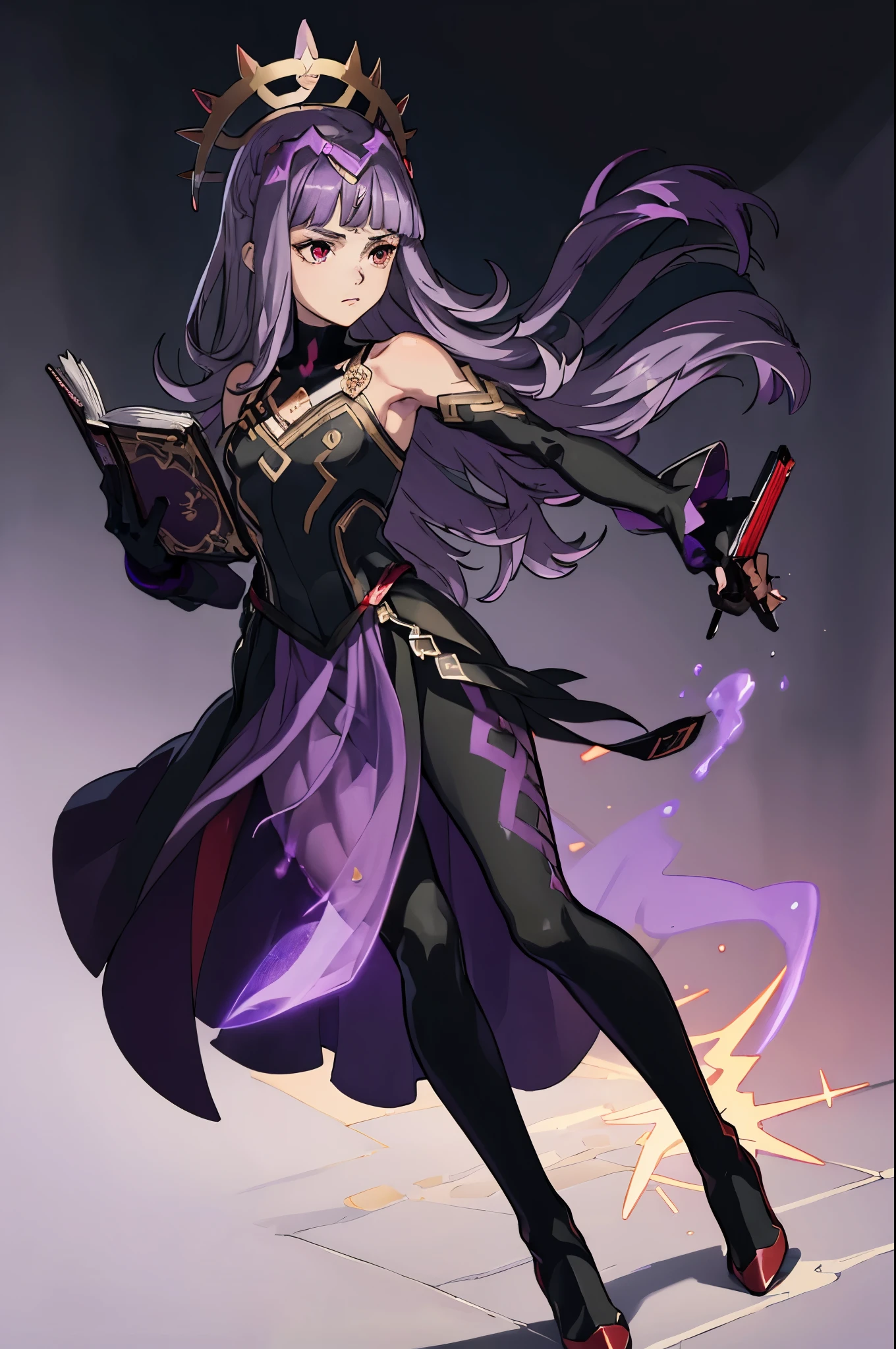 (purple aura:1.5),(holding book ,dark:1.2),, def_veronica,upper body,crown,  clothing cutout,  dress,red high heels, cape,  black dress,  looking at viewer,black pants, detached sleeves, gold trim, long sleeves, bodystocking,pelvic curtain, jewelry, red cape, bare shoulders, bridal gauntlets,(masterpiece, best quality, ultra-detailed, best shadow)