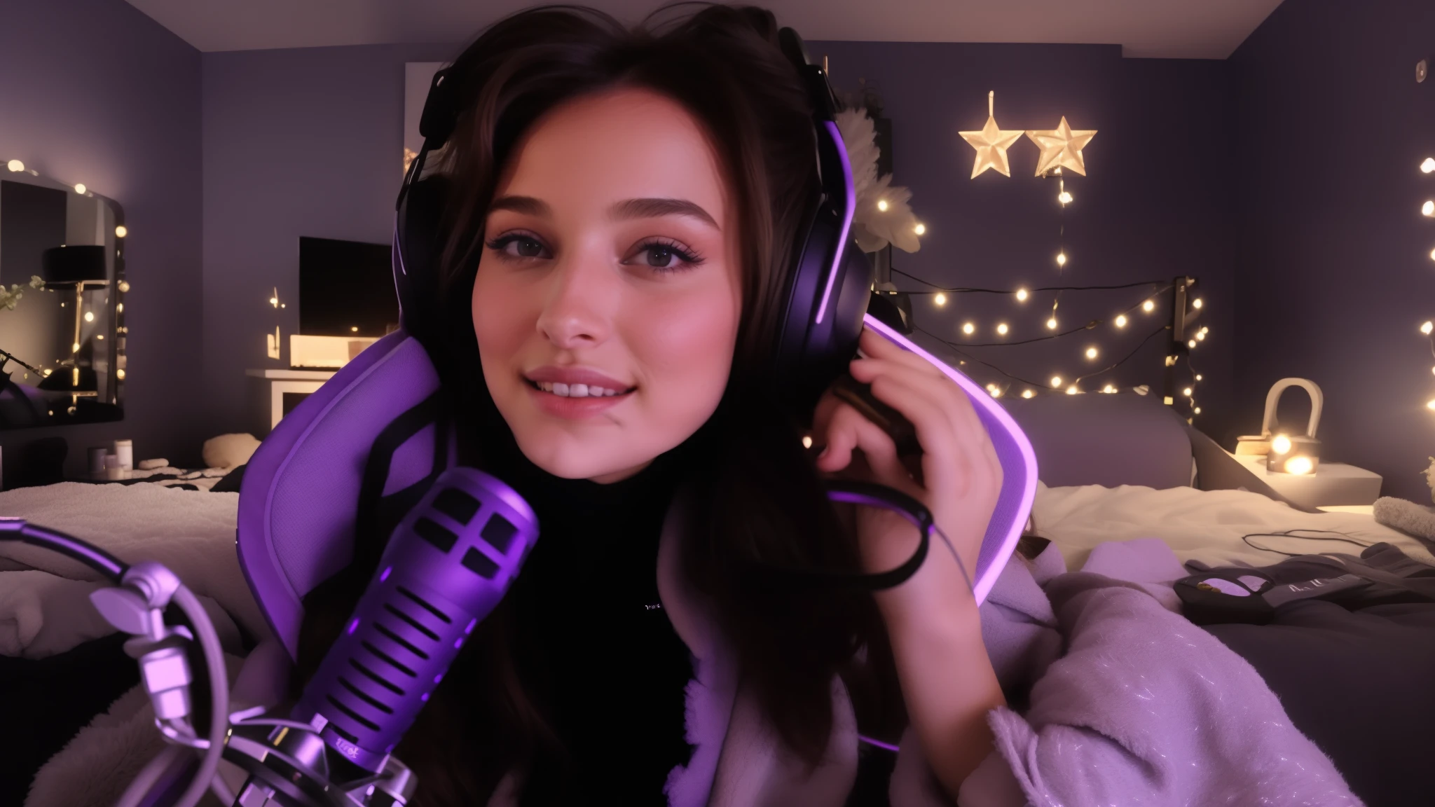 femme arafée dans une chambre avec des écouteurs et un microphone, Il hoche la tête, banderole Twitch, Violette Myers, diffusion sur Twitch, grâce alexa, assis devant un microphone, assise dans sa chambre, Isabelle Moner, belle magicienne Stella Maeve, Youtubeur, elle a un joli visage, Portrait de Sophie Mudd, ruan mignon vtuber
